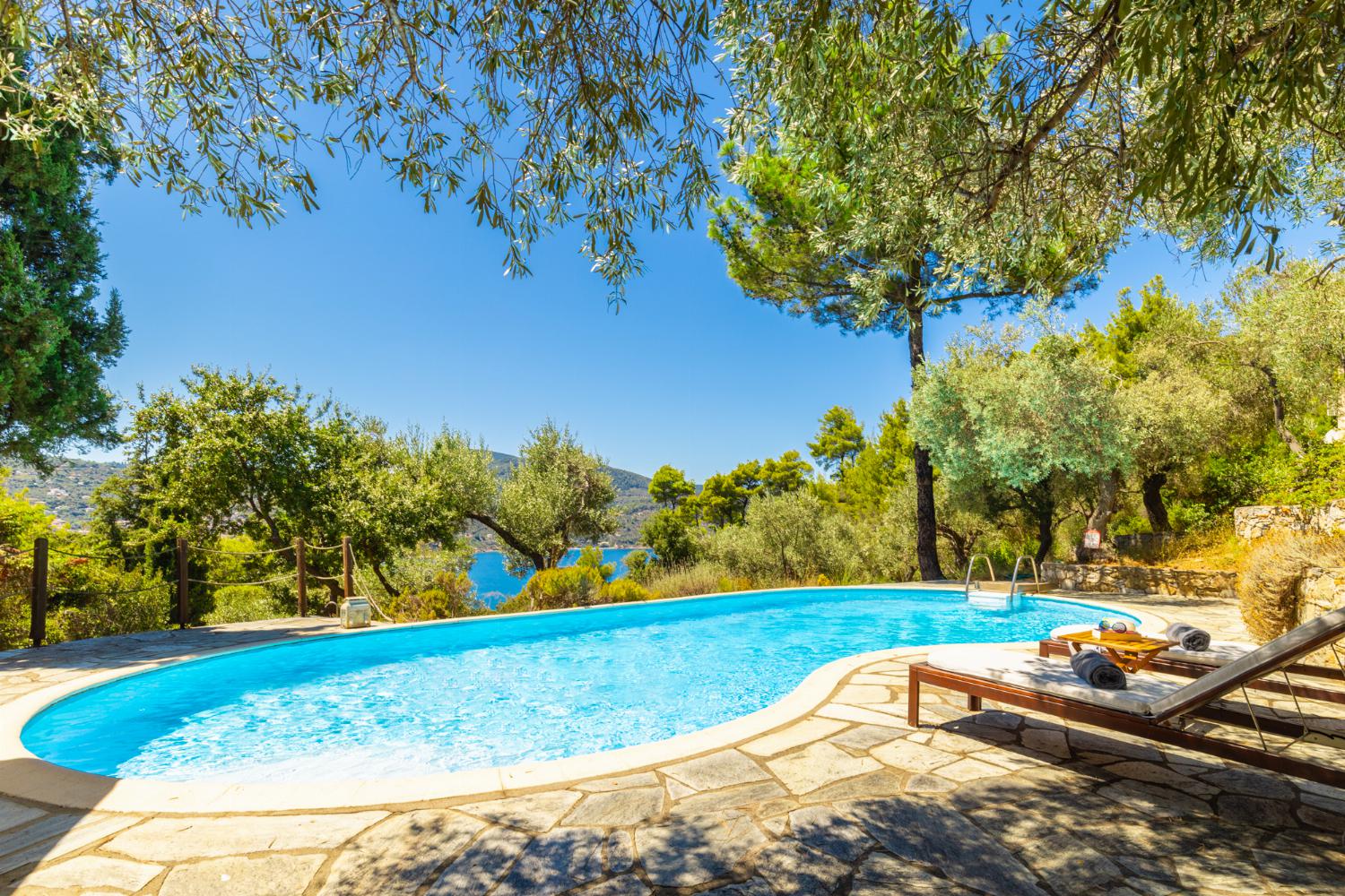 Private pool, terrace, and garden with sea views