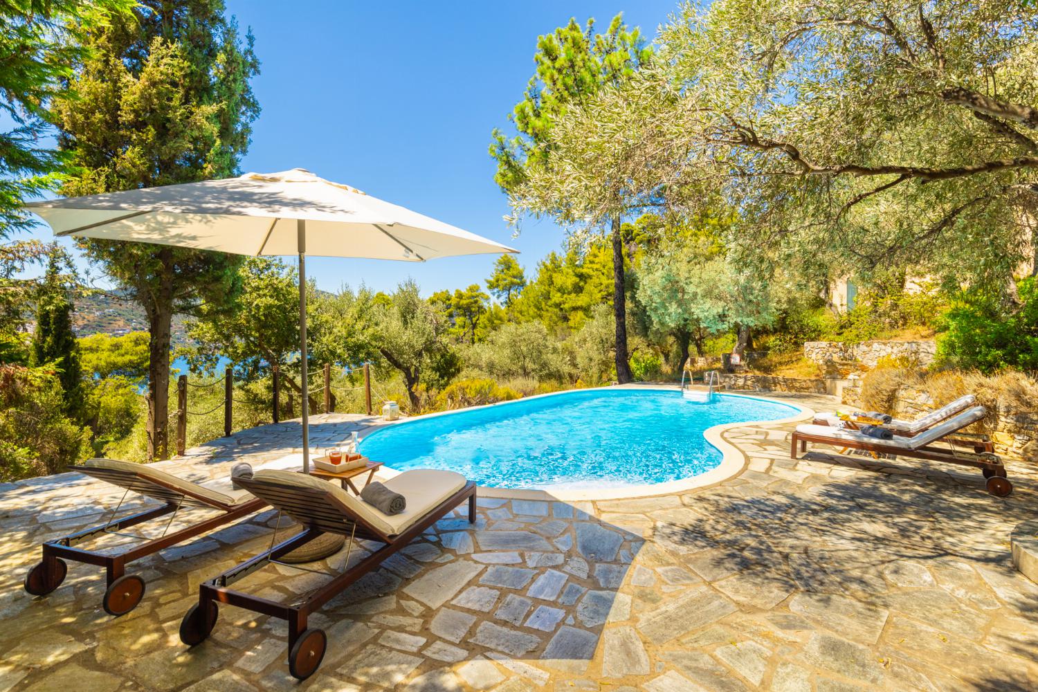 Private pool, terrace, and garden with sea views