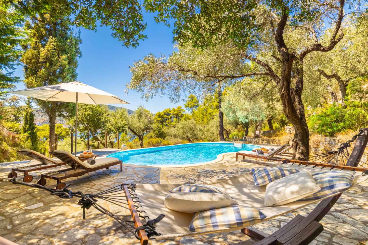 Private pool, terrace, and garden with sea views