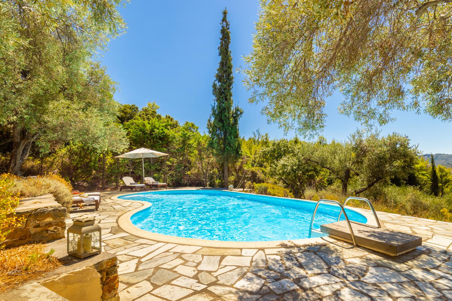 Private pool, terrace, and garden with sea views