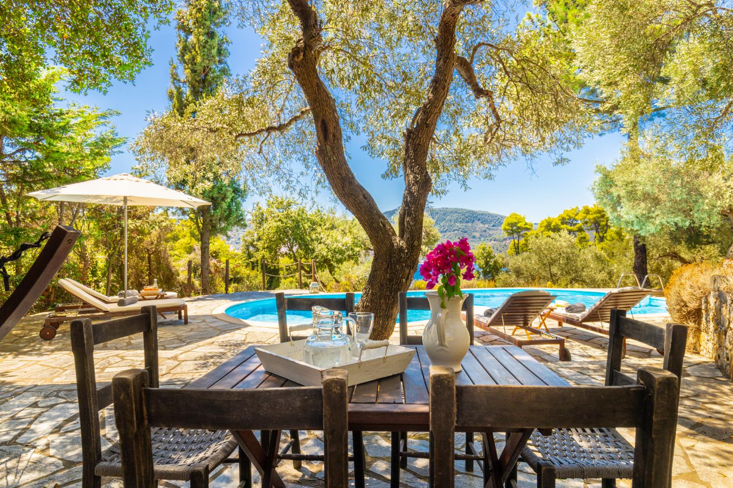 Private pool, terrace, and garden with sea views