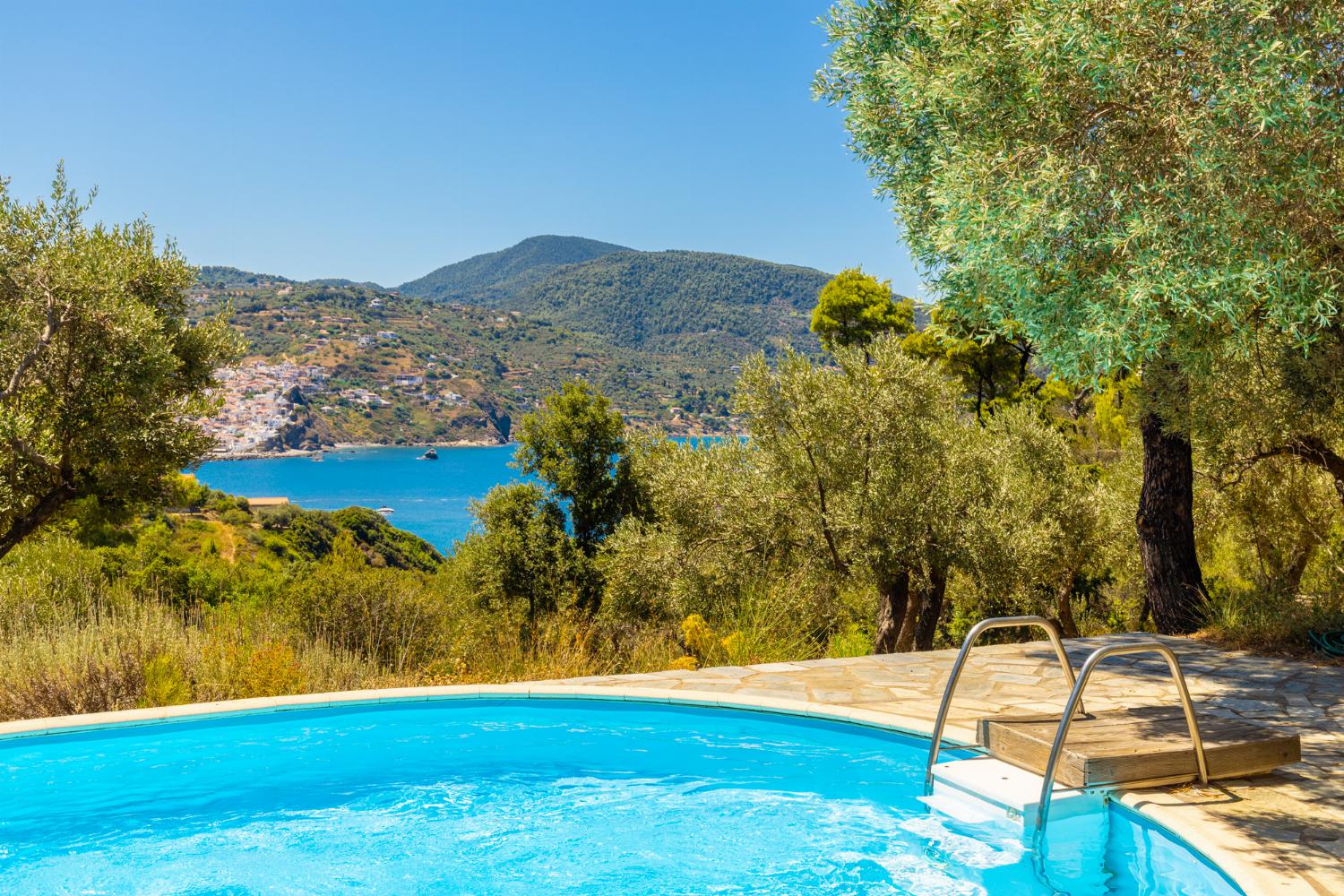 Private pool, terrace, and garden with sea views