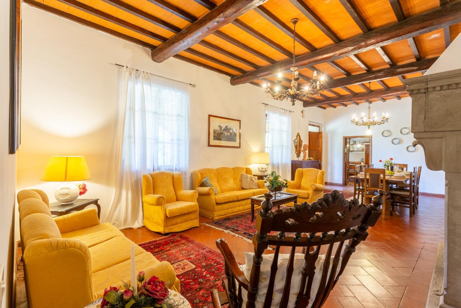 Living room with sofas, dining area, ornamental fireplace, WiFi internet, satellite TV, DVD player, and terrace access