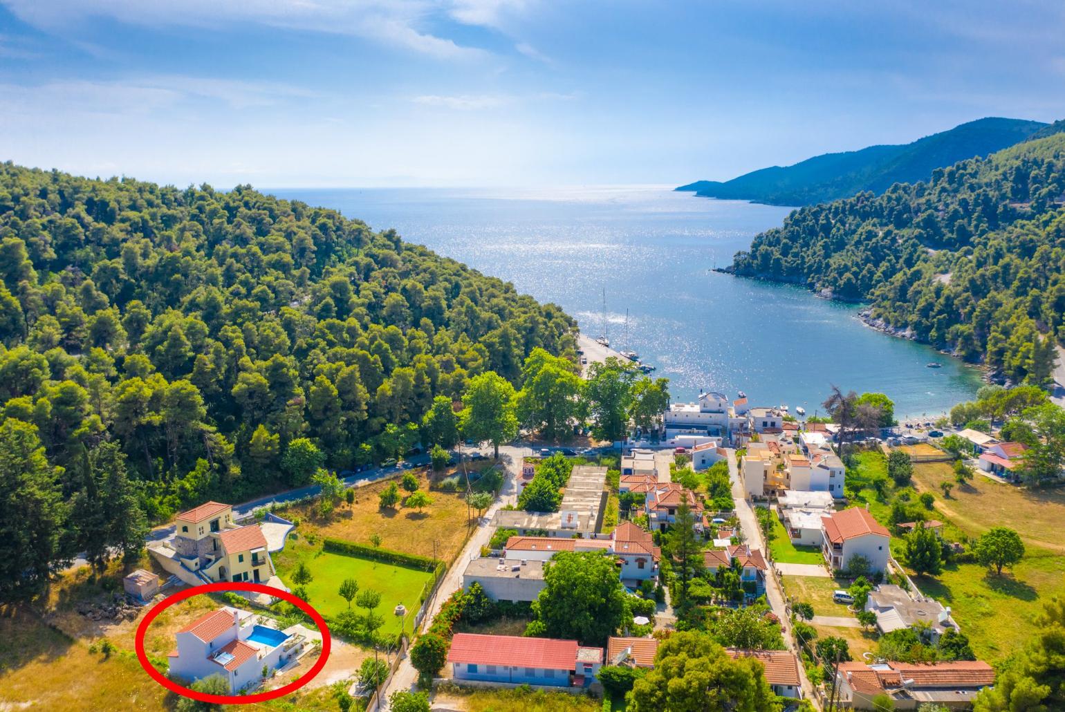 Aerial view of Agnontas Beach showing location of Villa Amarandos