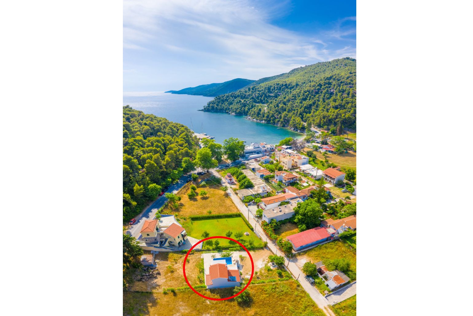 Aerial view of Agnontas Beach showing location of Villa Amarandos