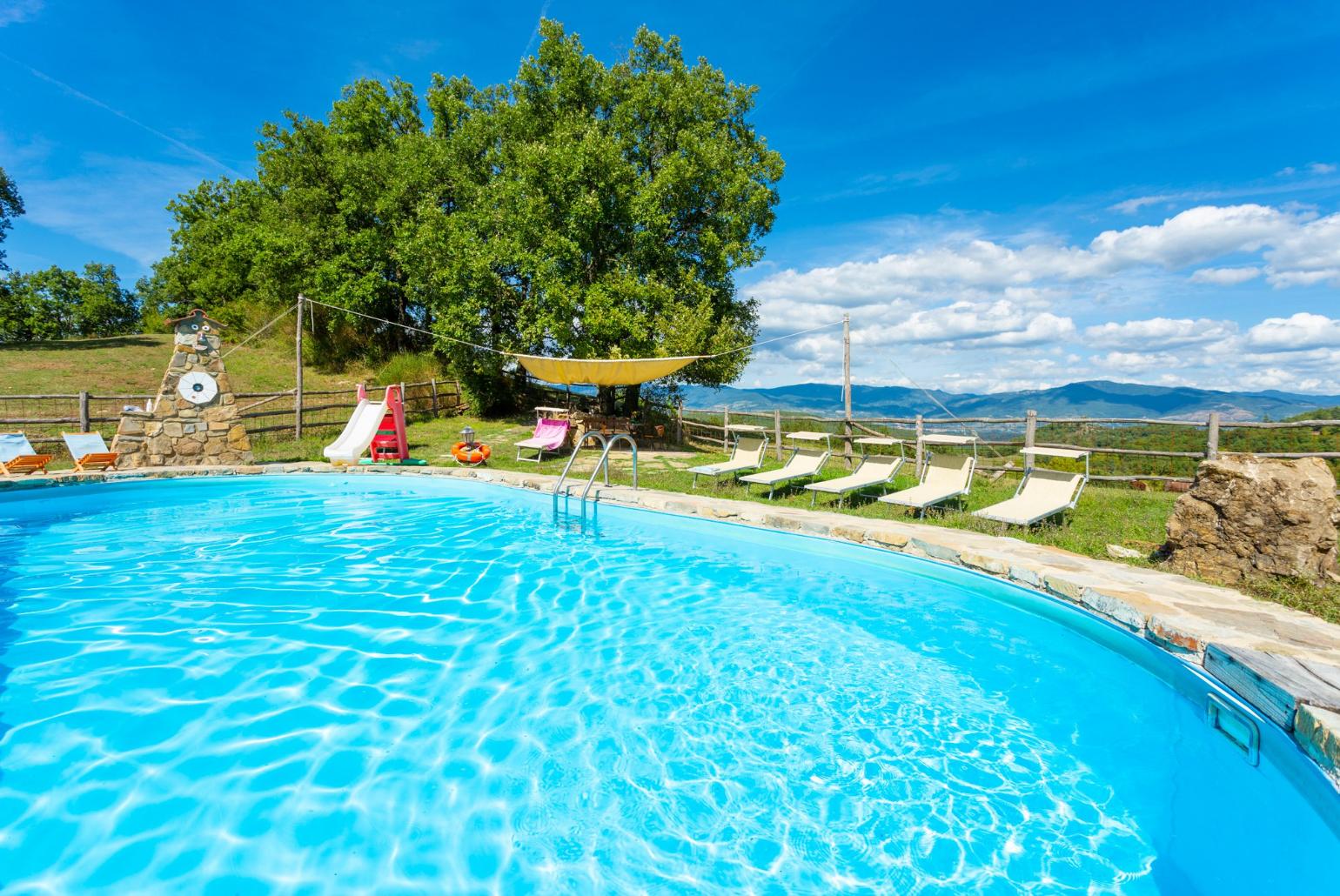 Private pool, terrace, and garden with countryside views