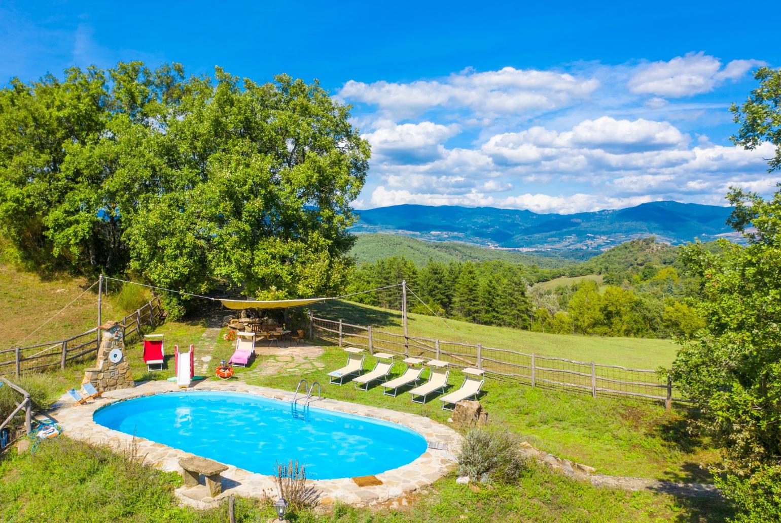 Private pool, terrace, and garden with countryside views