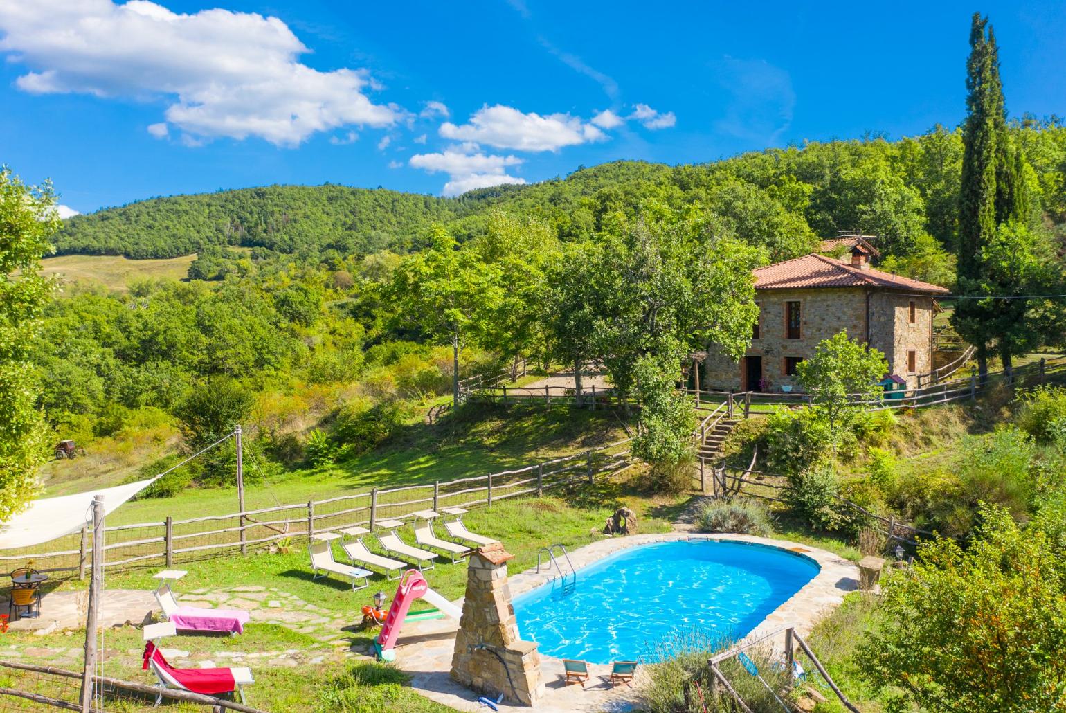 ,Beautiful villa with private pool, terrace, and garden with countryside views