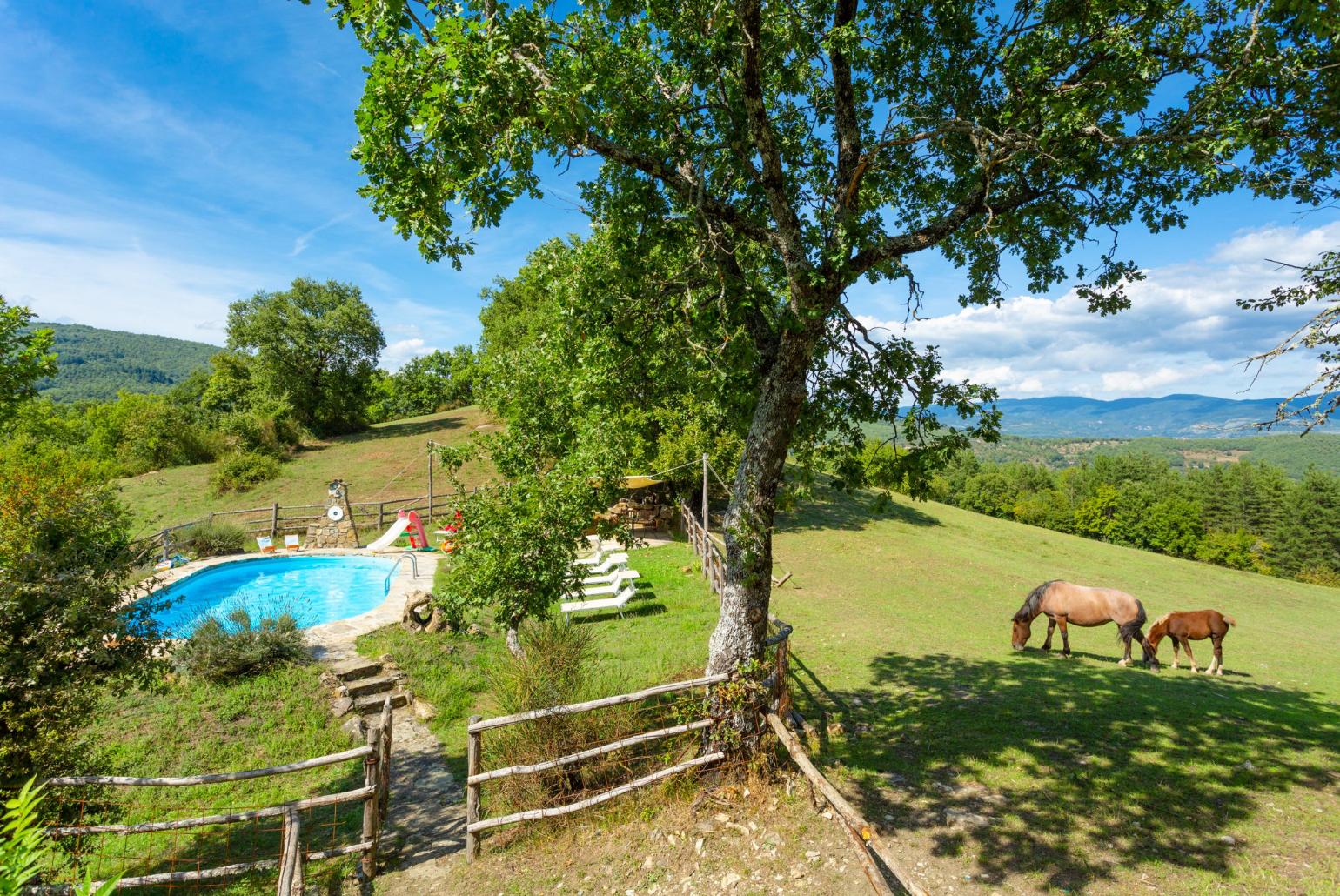 Private pool, terrace, and garden with countryside views