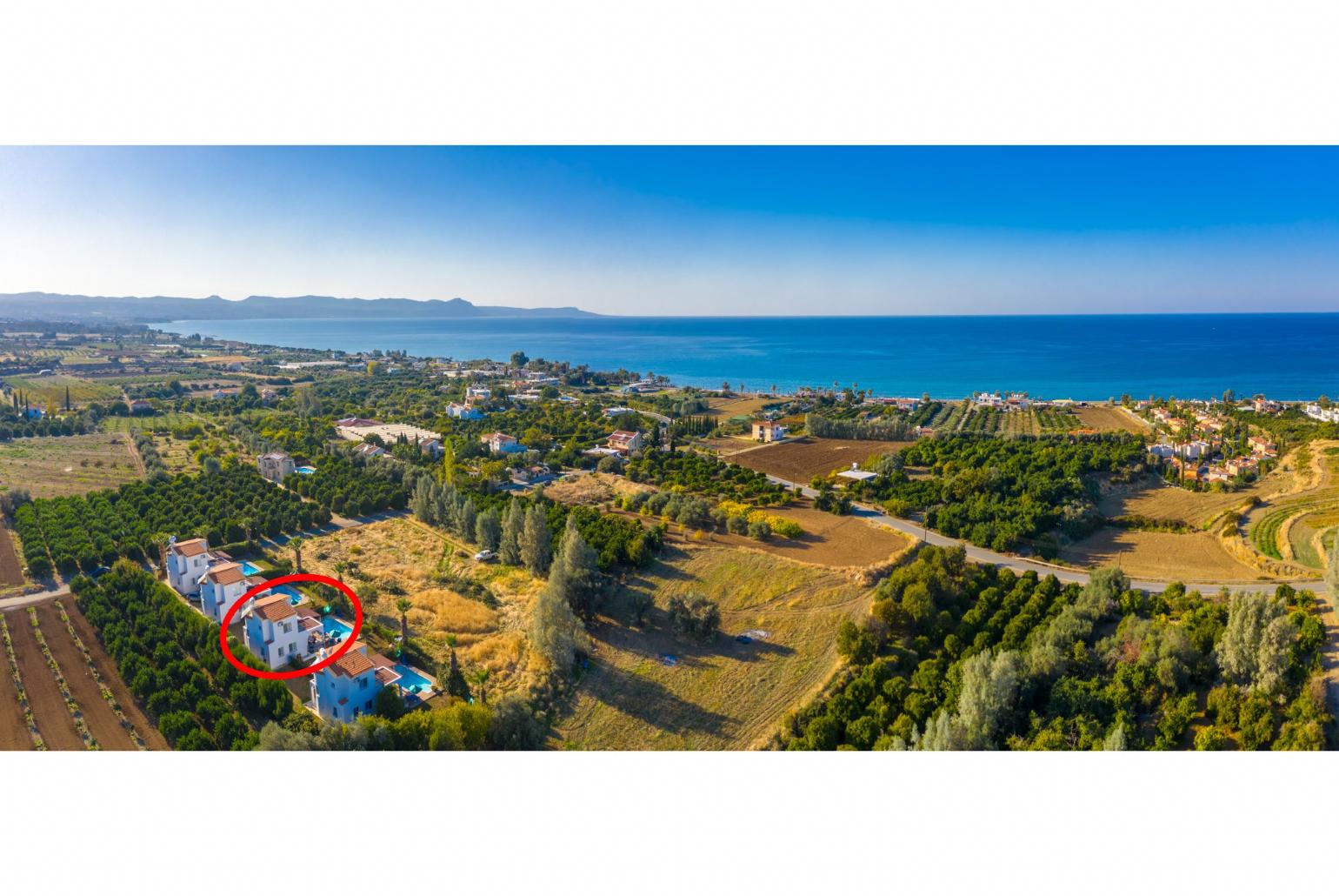 Aerial view showing location of Argaka Sun Villa Tria