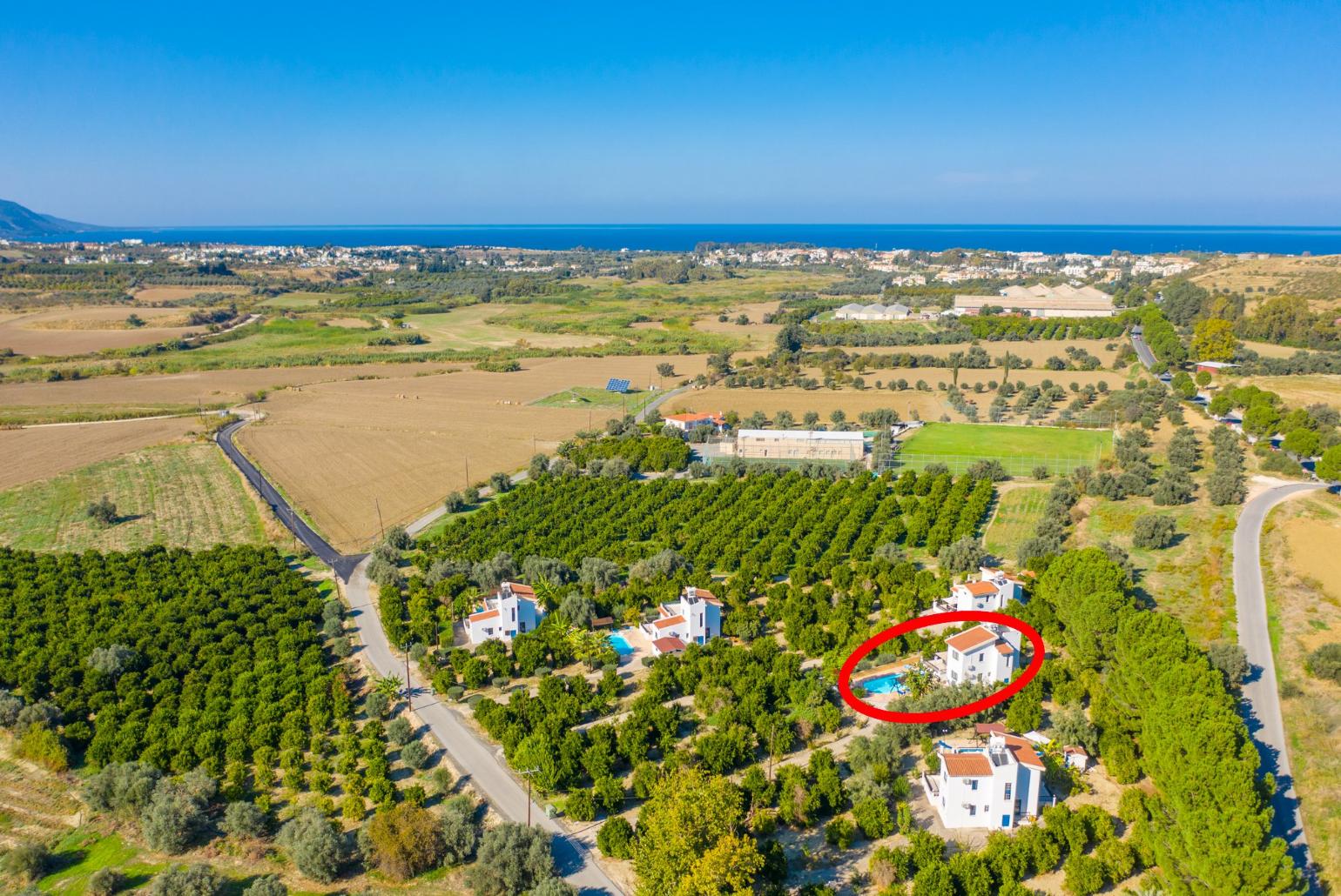 Aerial view showing location of Villa Charoula Tria