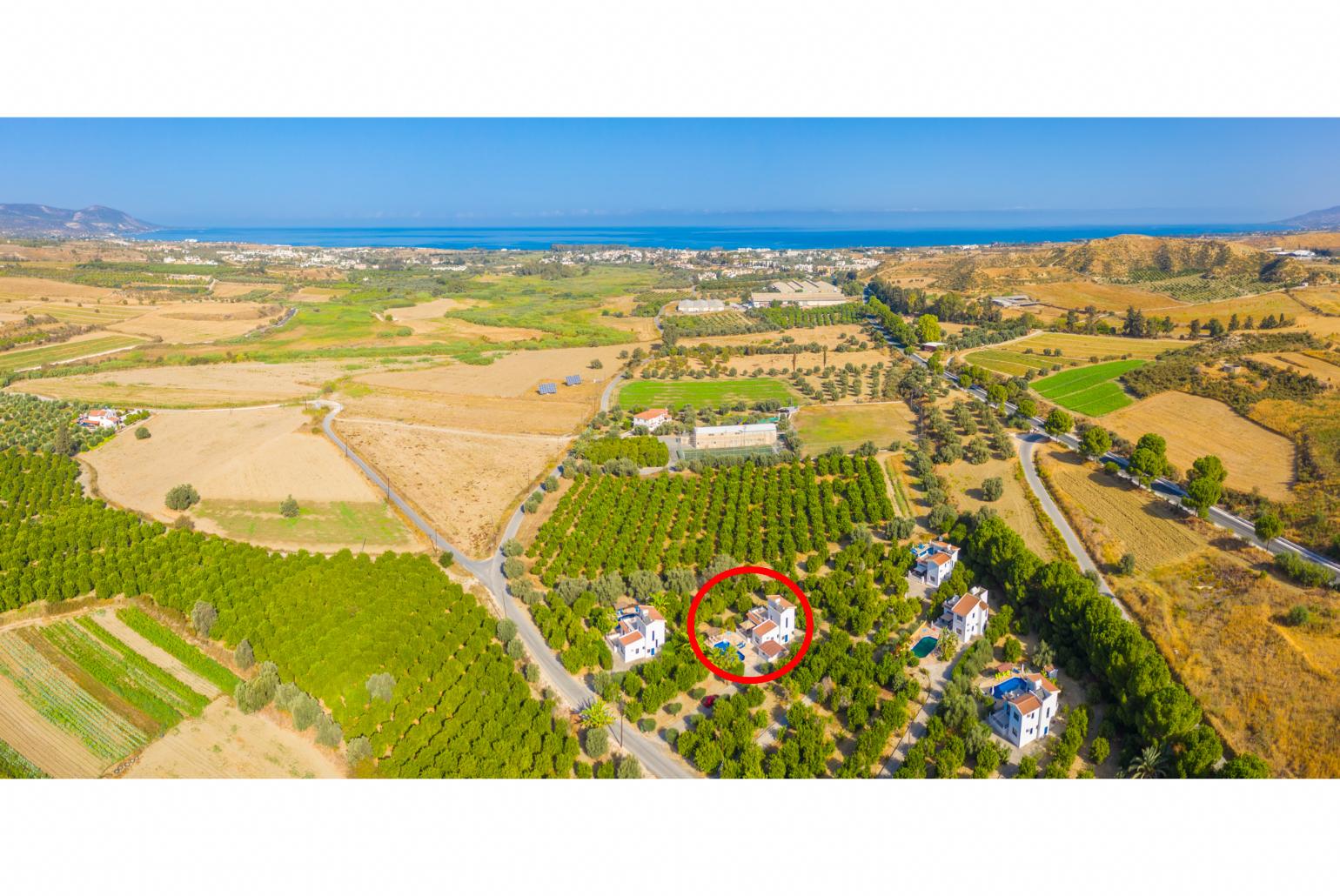Aerial view showing location of Villa Charoula Pente