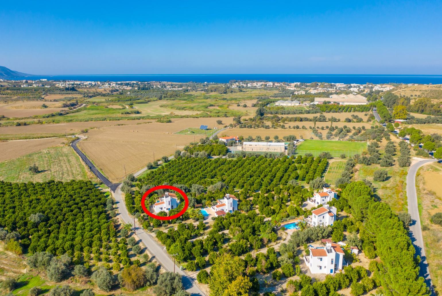 Aerial view showing location of Villa Charoula Exi