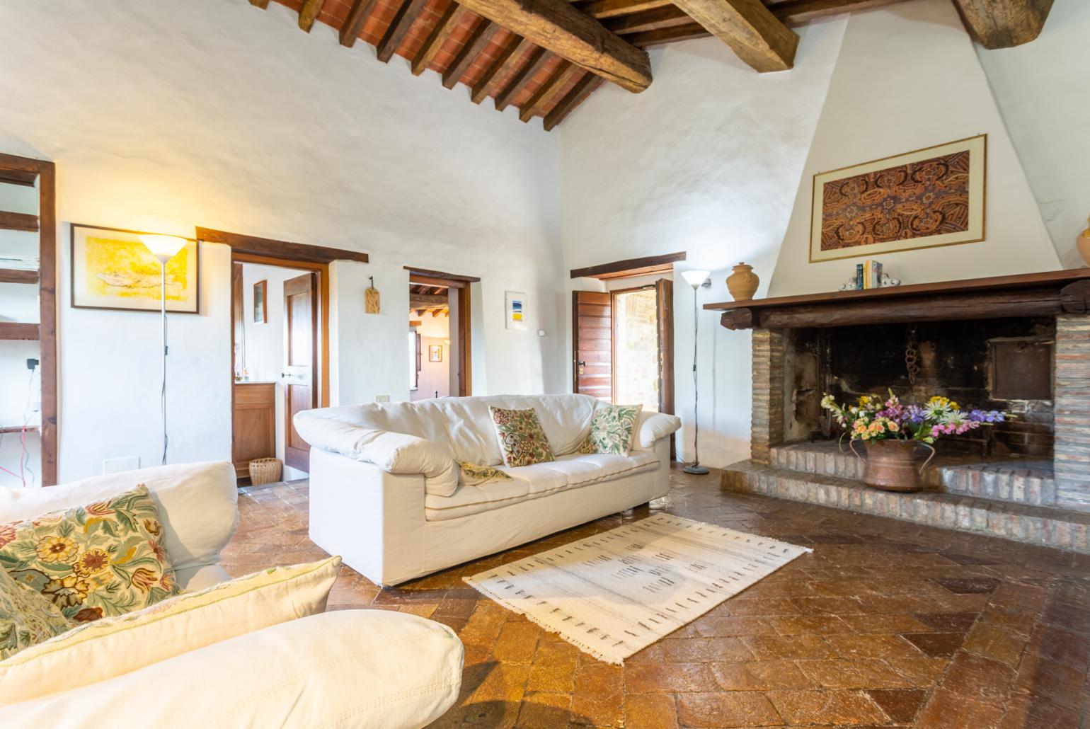 Living room with sofas, ornamental fireplace, WiFi internet, and satellite TV