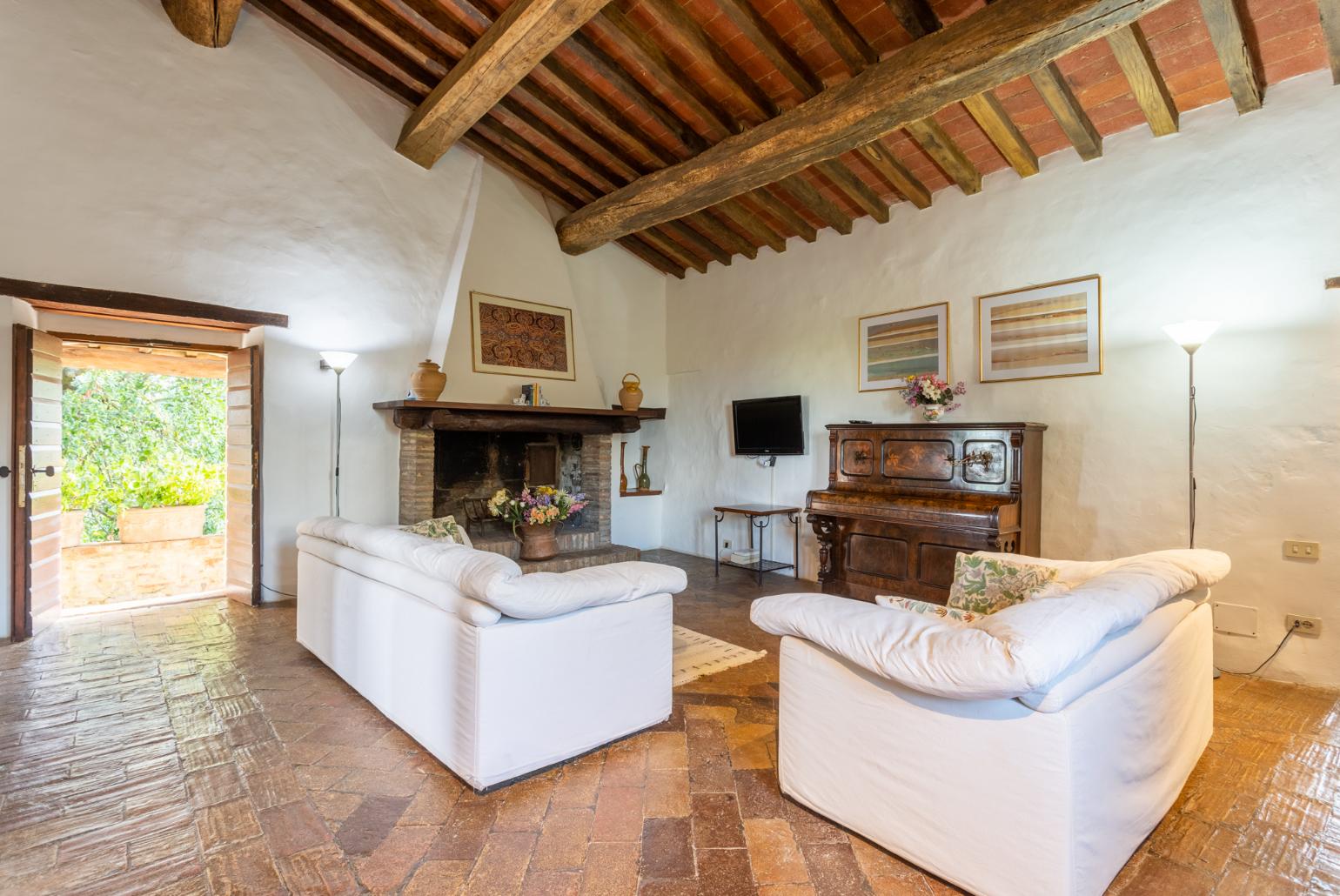 Living room with sofas, ornamental fireplace, WiFi internet, and satellite TV