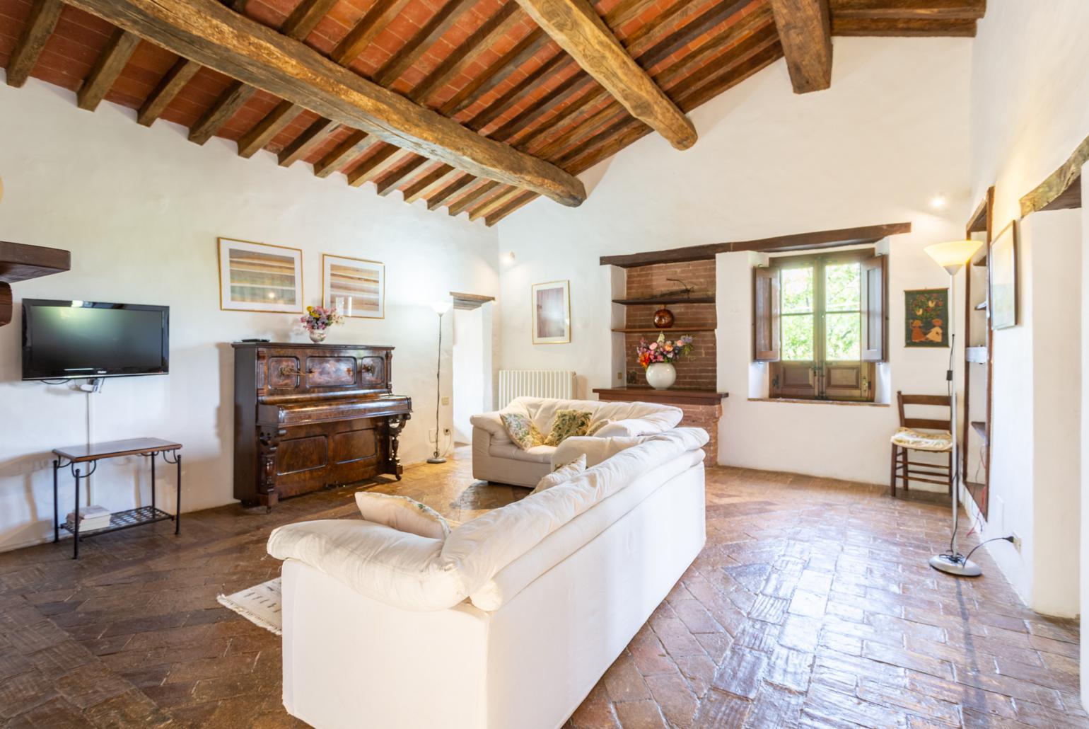 Living room with sofas, ornamental fireplace, WiFi internet, and satellite TV