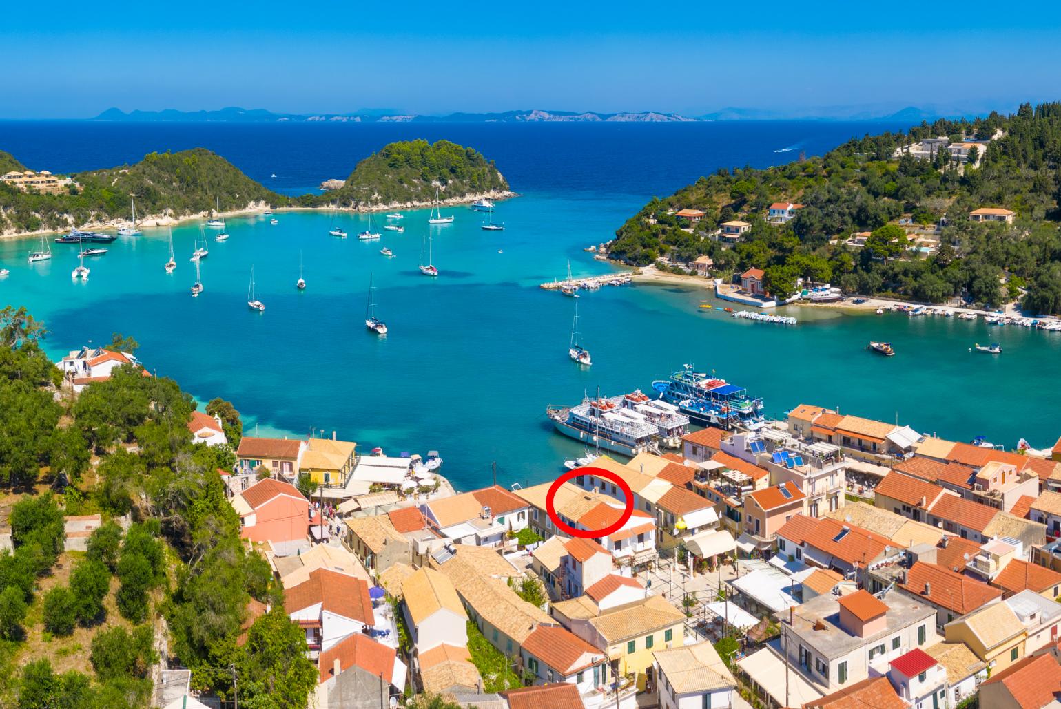 Aerial view of Lakka showing location of Flora Maisonettes 1