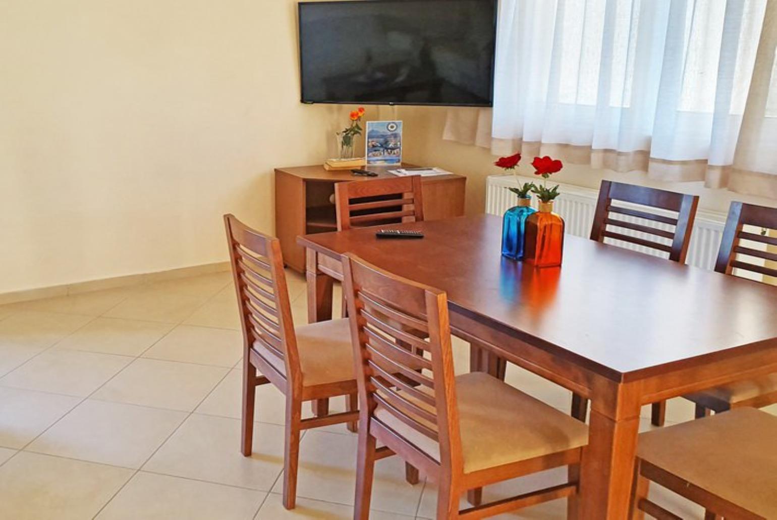 Open-plan living room with sofa, dining area