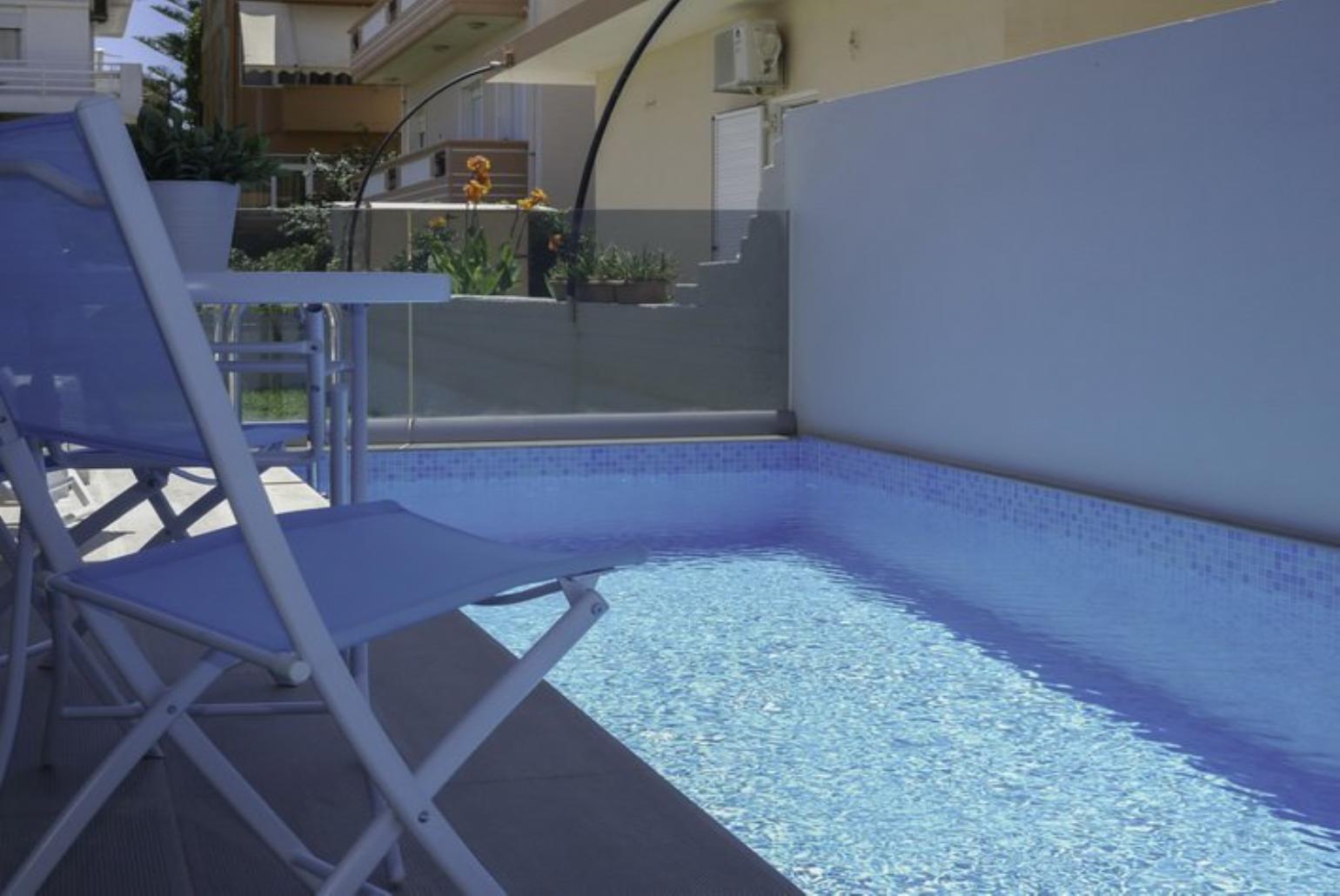 Coffee table with beautiful pool view.