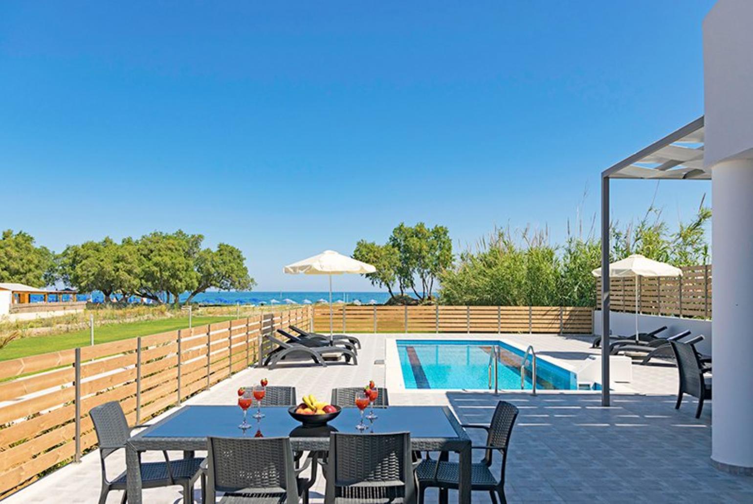 Outdoor dining area with pool view 