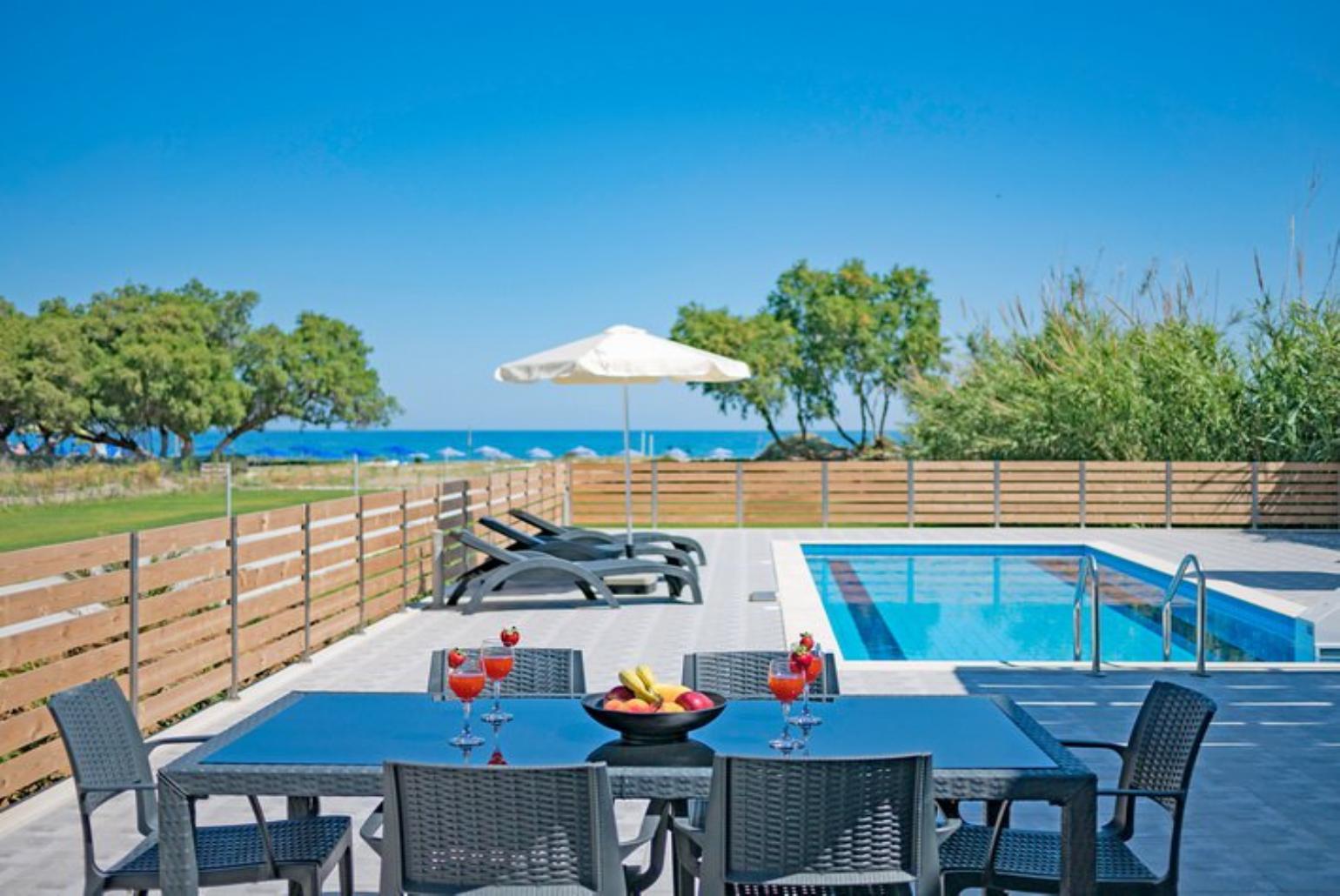 Outdoor dining area with pool view 