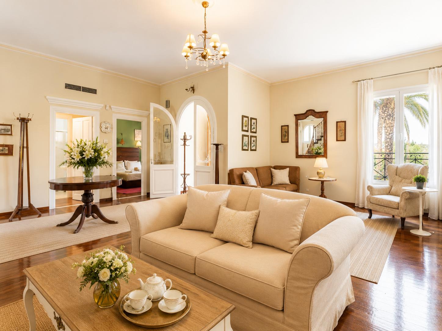 Living room with sofas, dining area, ornamental fireplace, WiFi internet, and satellite TV