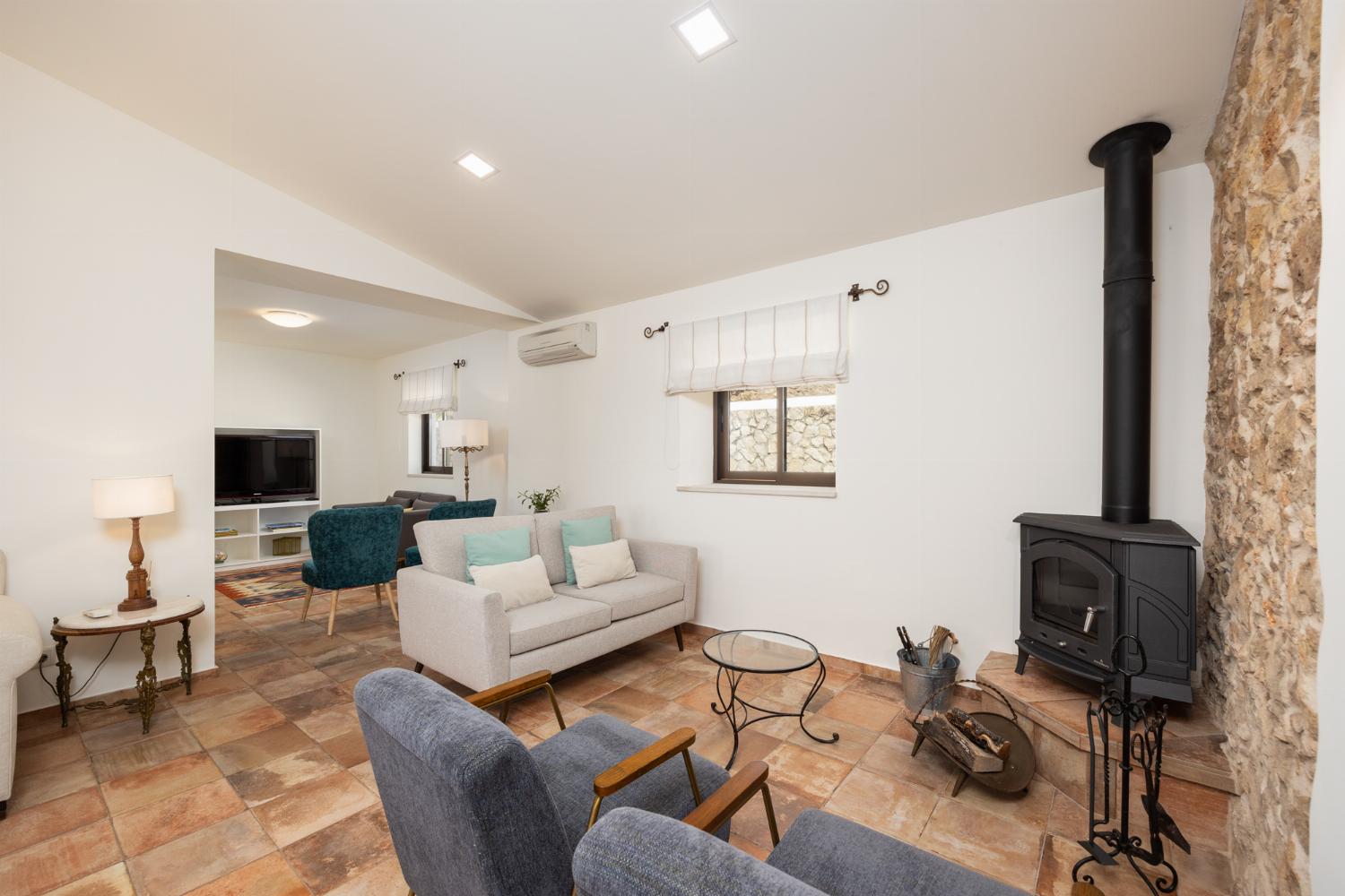 Living room with sofas, ornamental fireplace, A/C, WiFi internet, and satellite TV