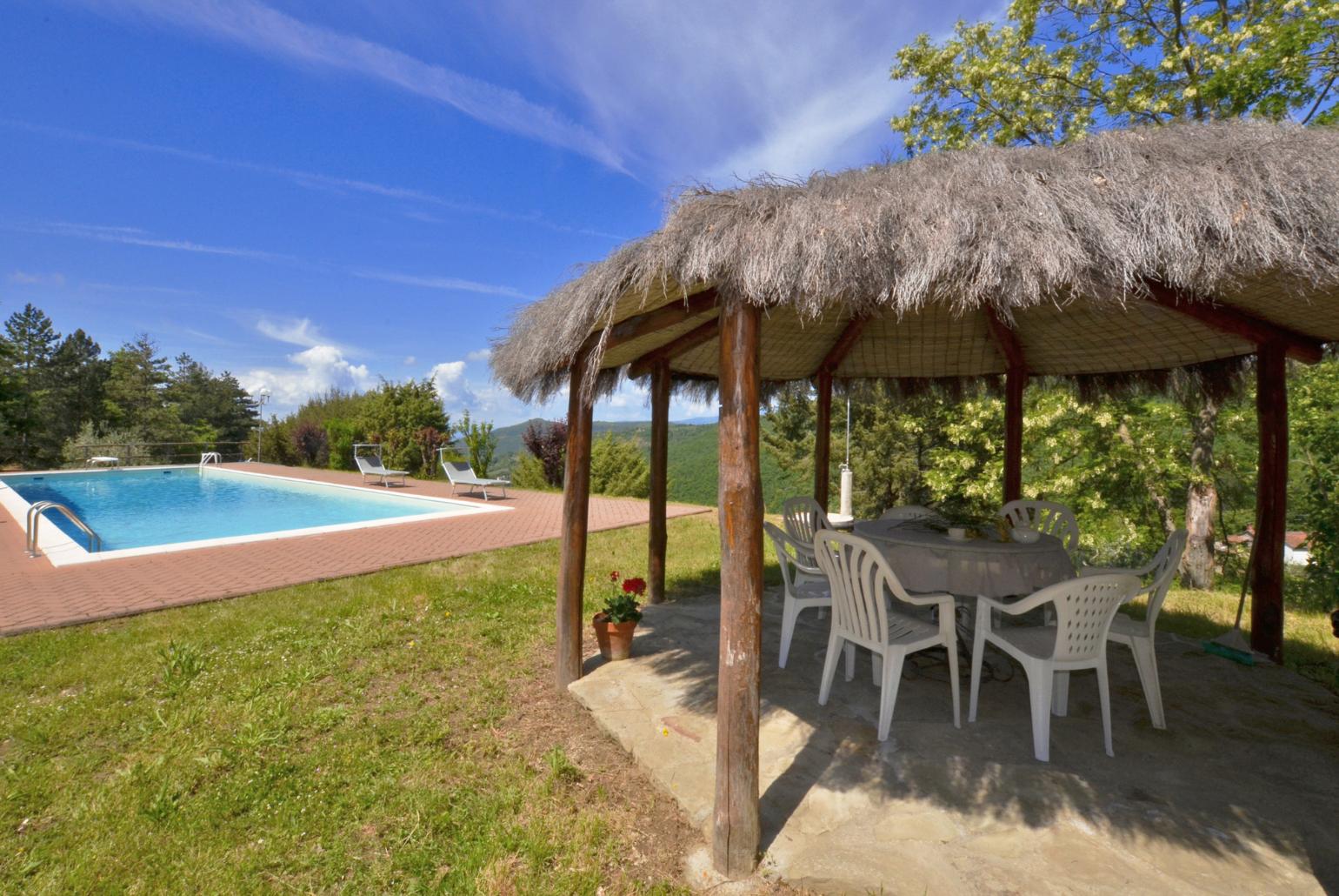 Private pool, terrace, and garden with countryside views