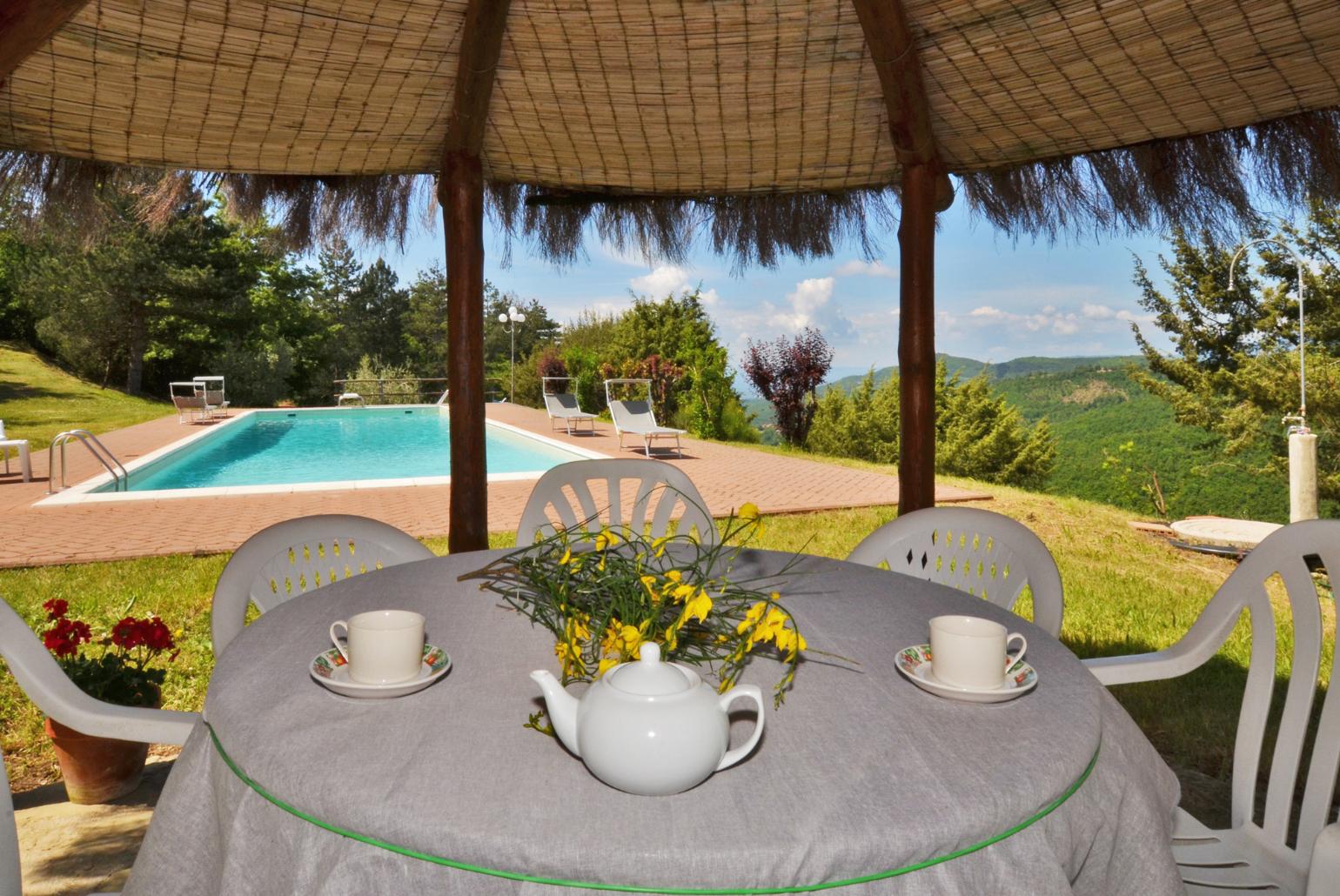 Private pool, terrace, and garden with countryside views