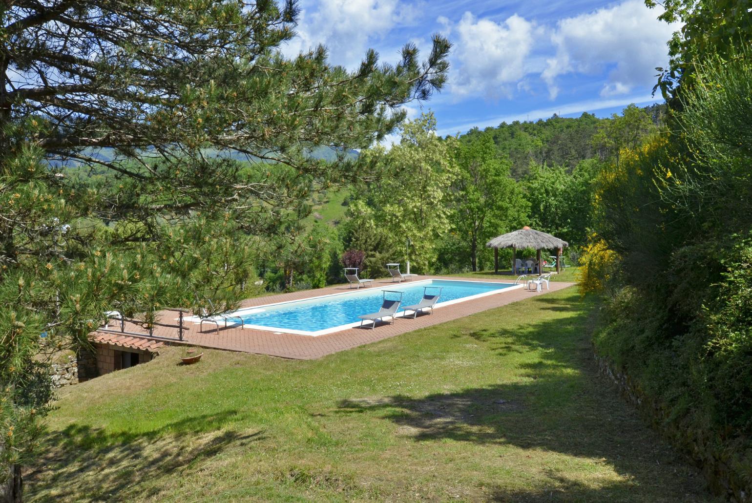 Private pool, terrace, and garden with countryside views