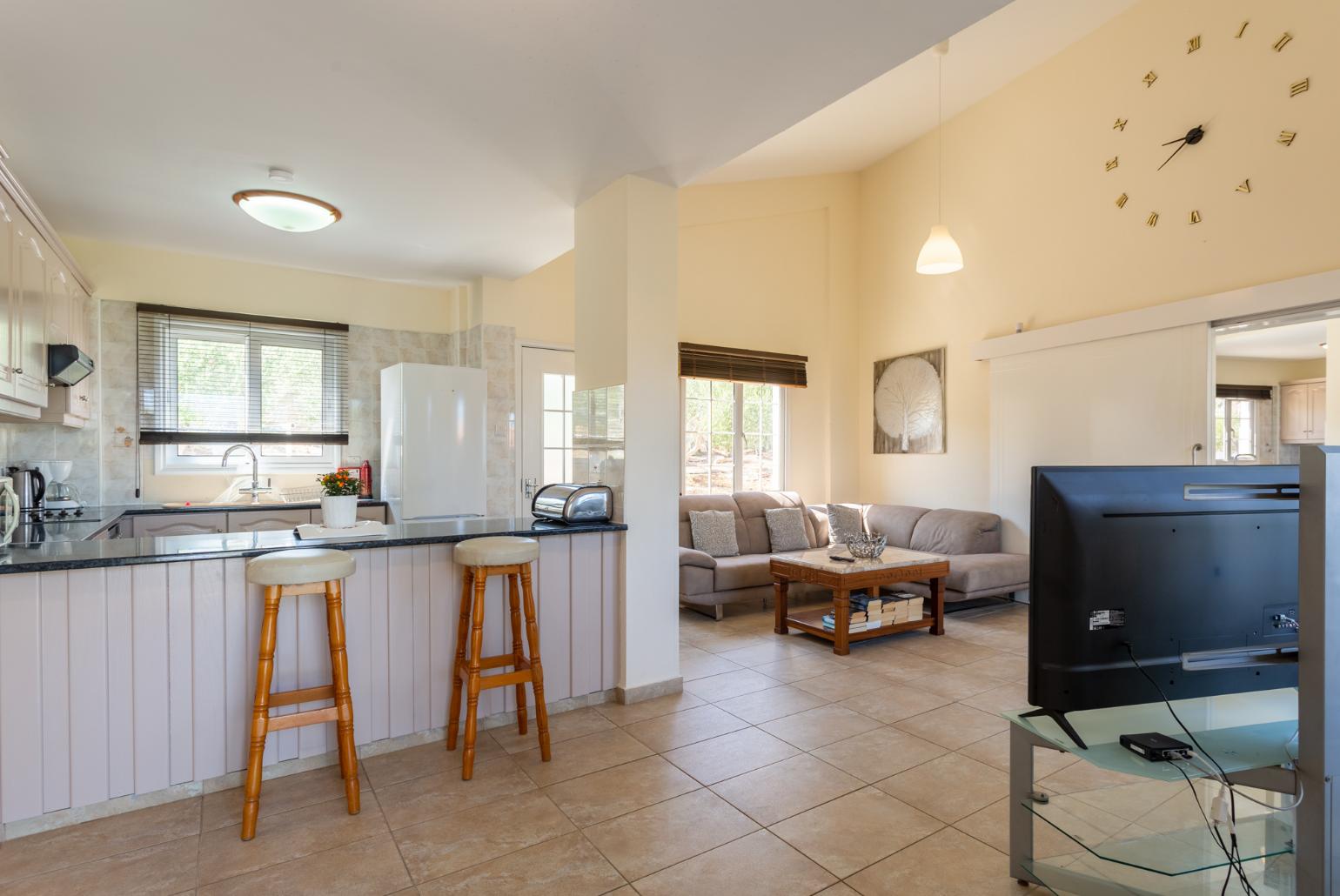 Open-plan living room with sofas, kitchen, WiFi internet, and TV