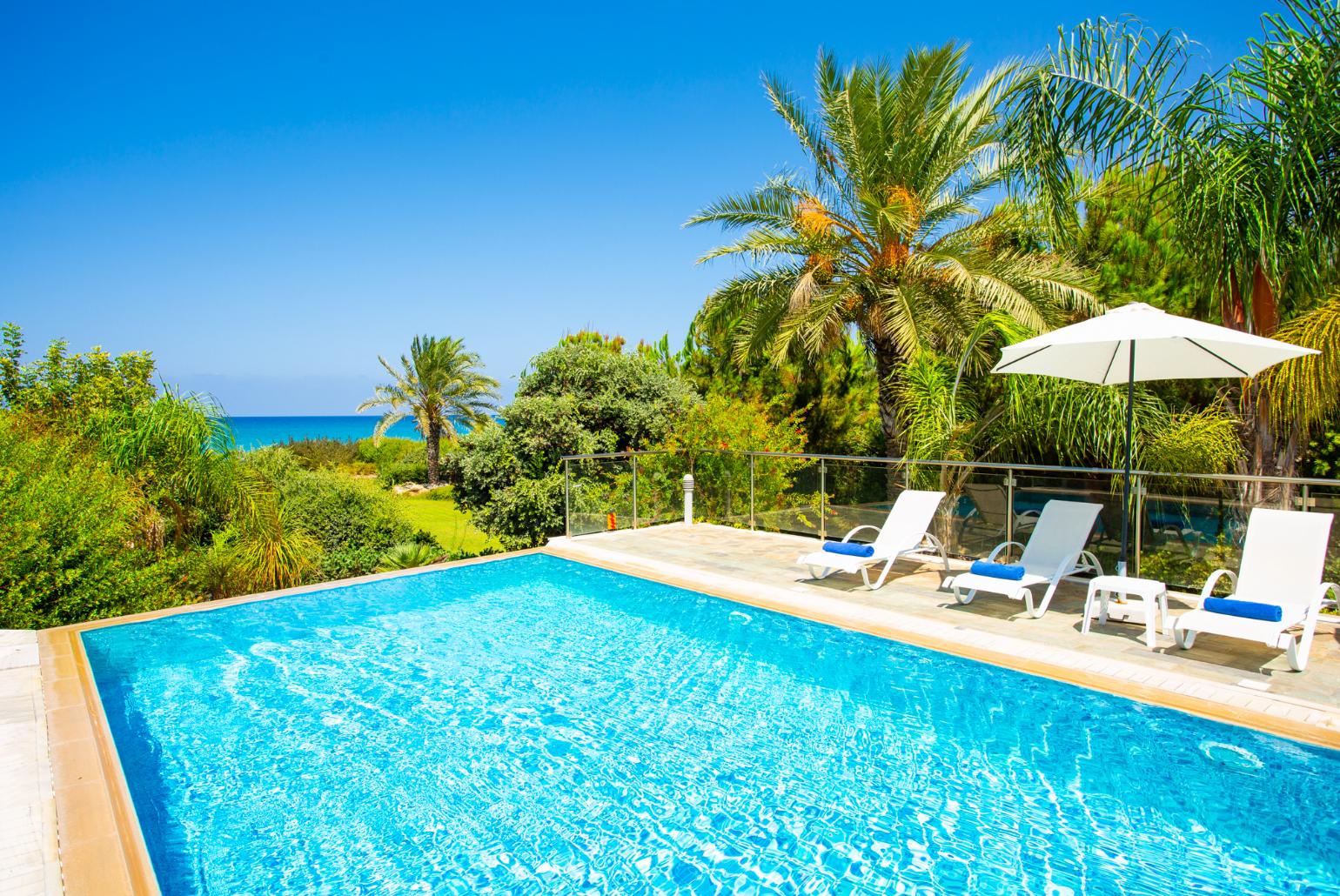 Private infinity pool, terrace, and garden with sea views