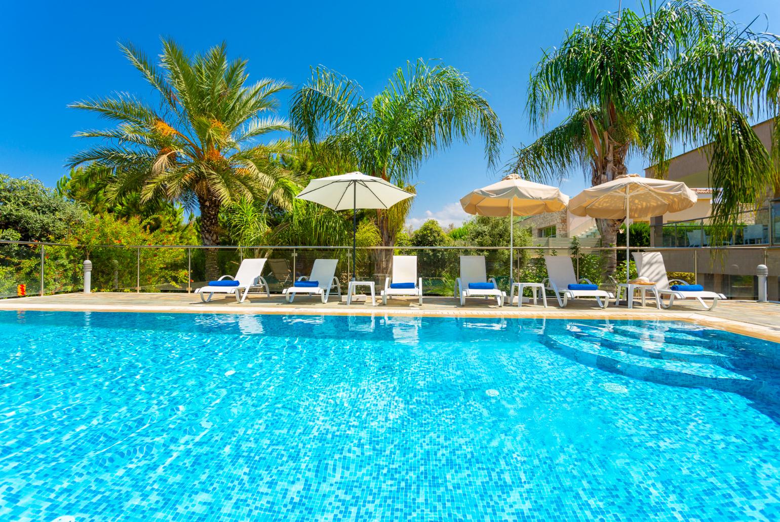 Private infinity pool, terrace, and garden with sea views