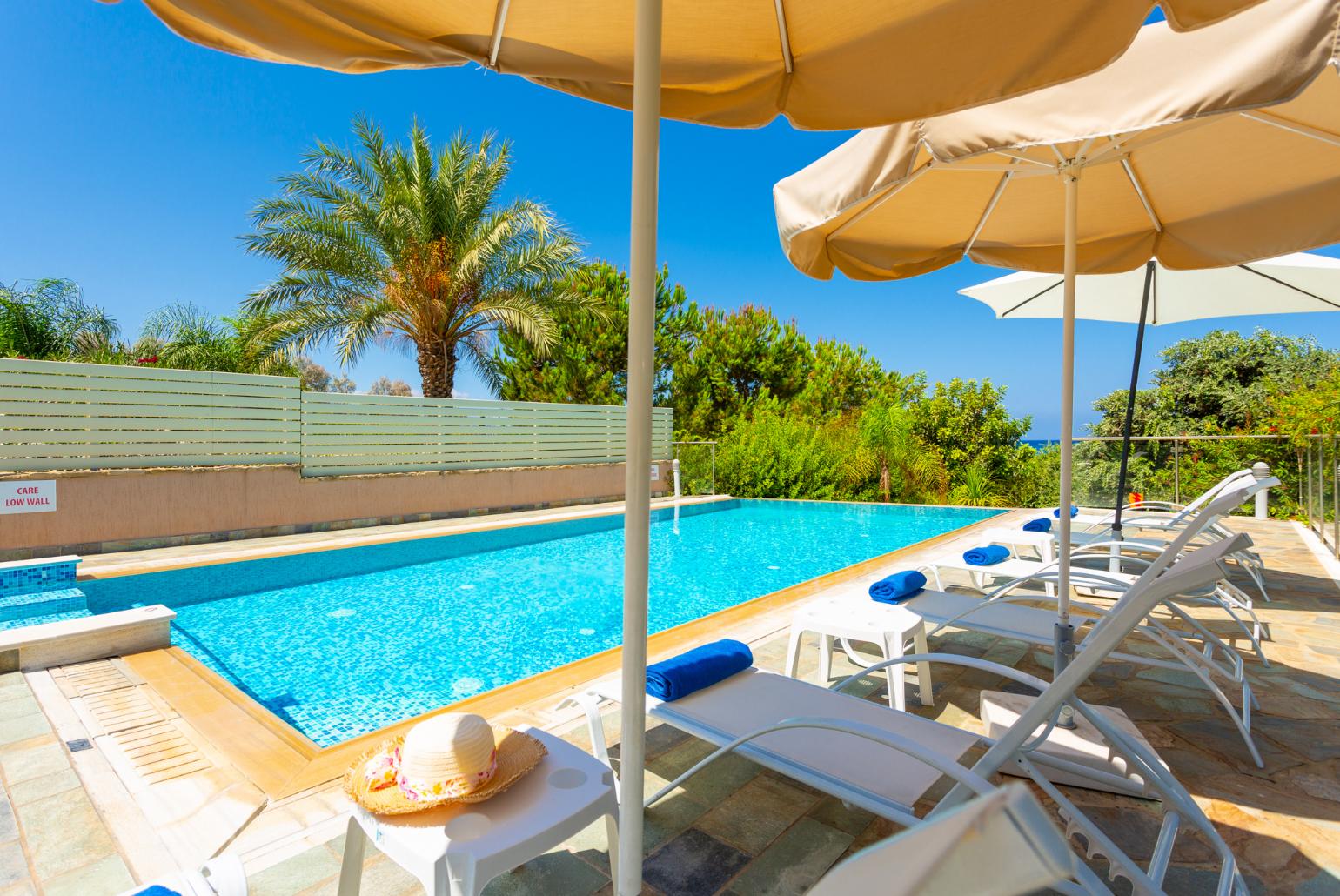 Private infinity pool, terrace, and garden with sea views