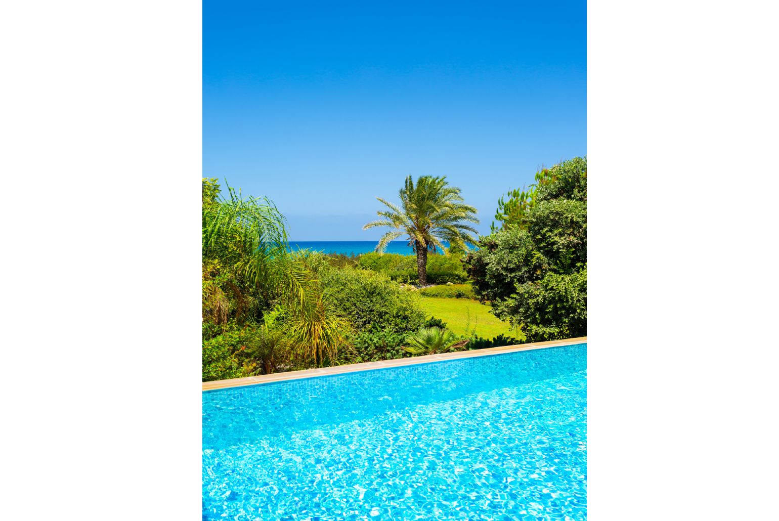 Private infinity pool, terrace, and garden with sea views