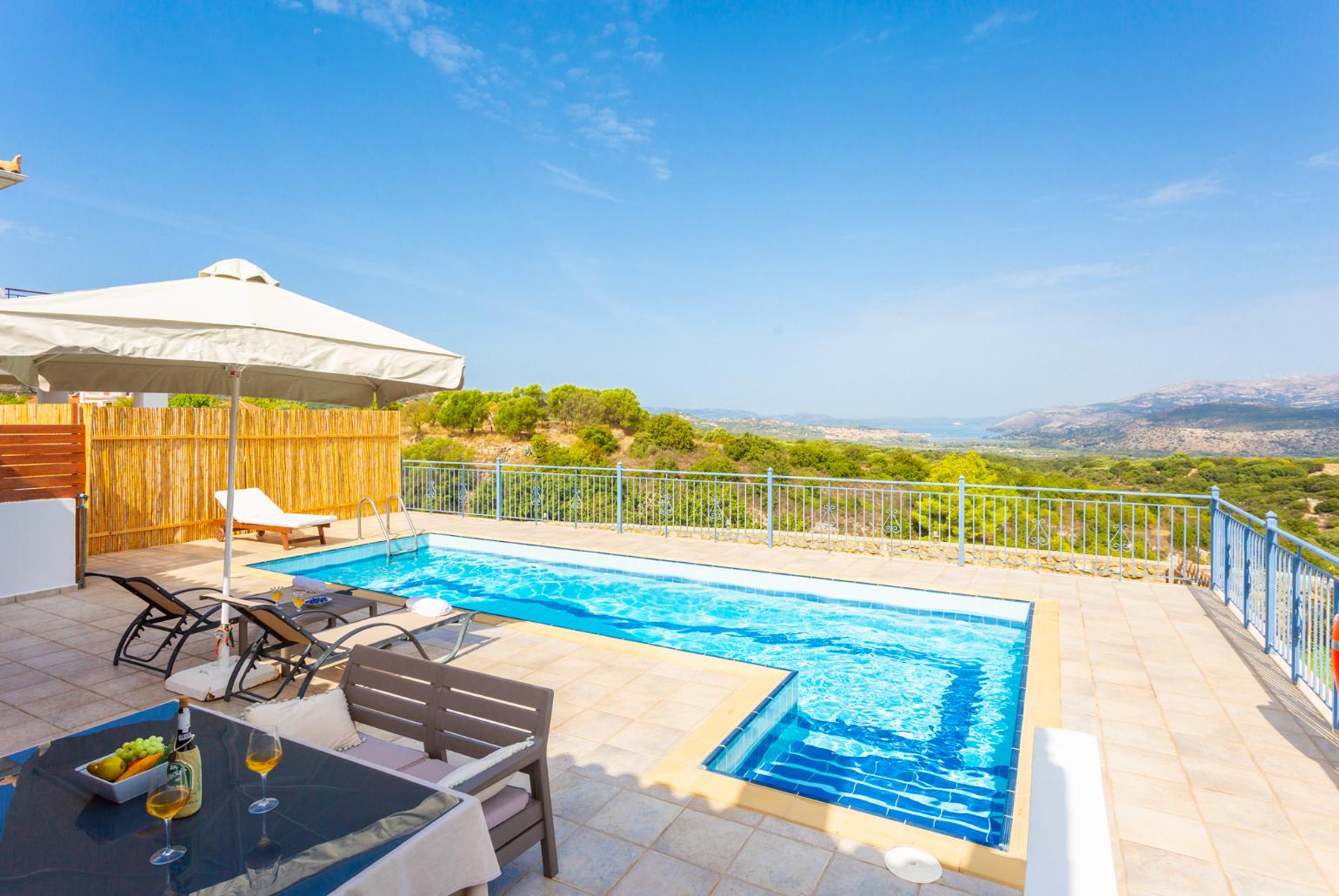 Private pool, terrace, and garden with panoramic countryside views