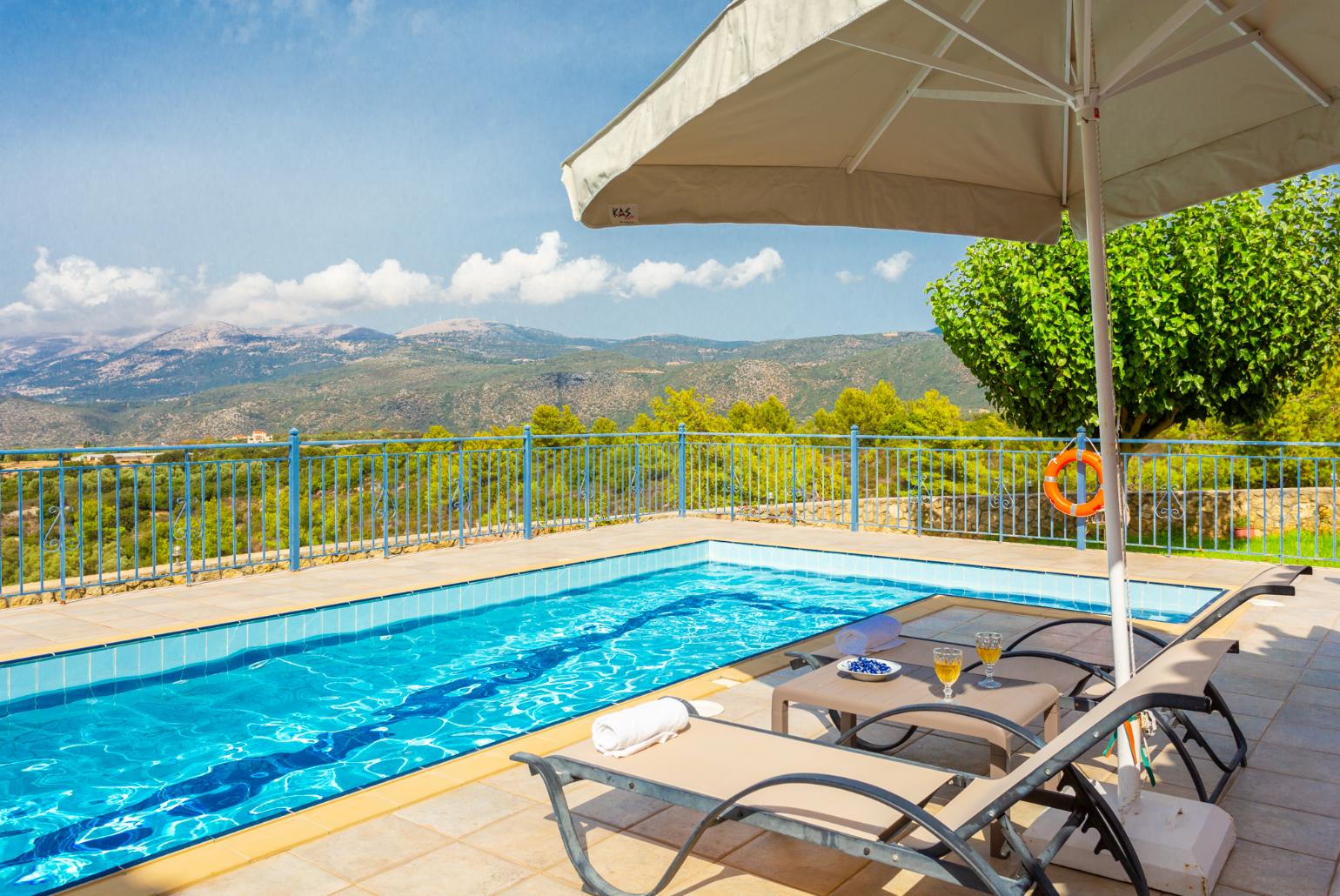 Private pool, terrace, and garden with panoramic countryside views