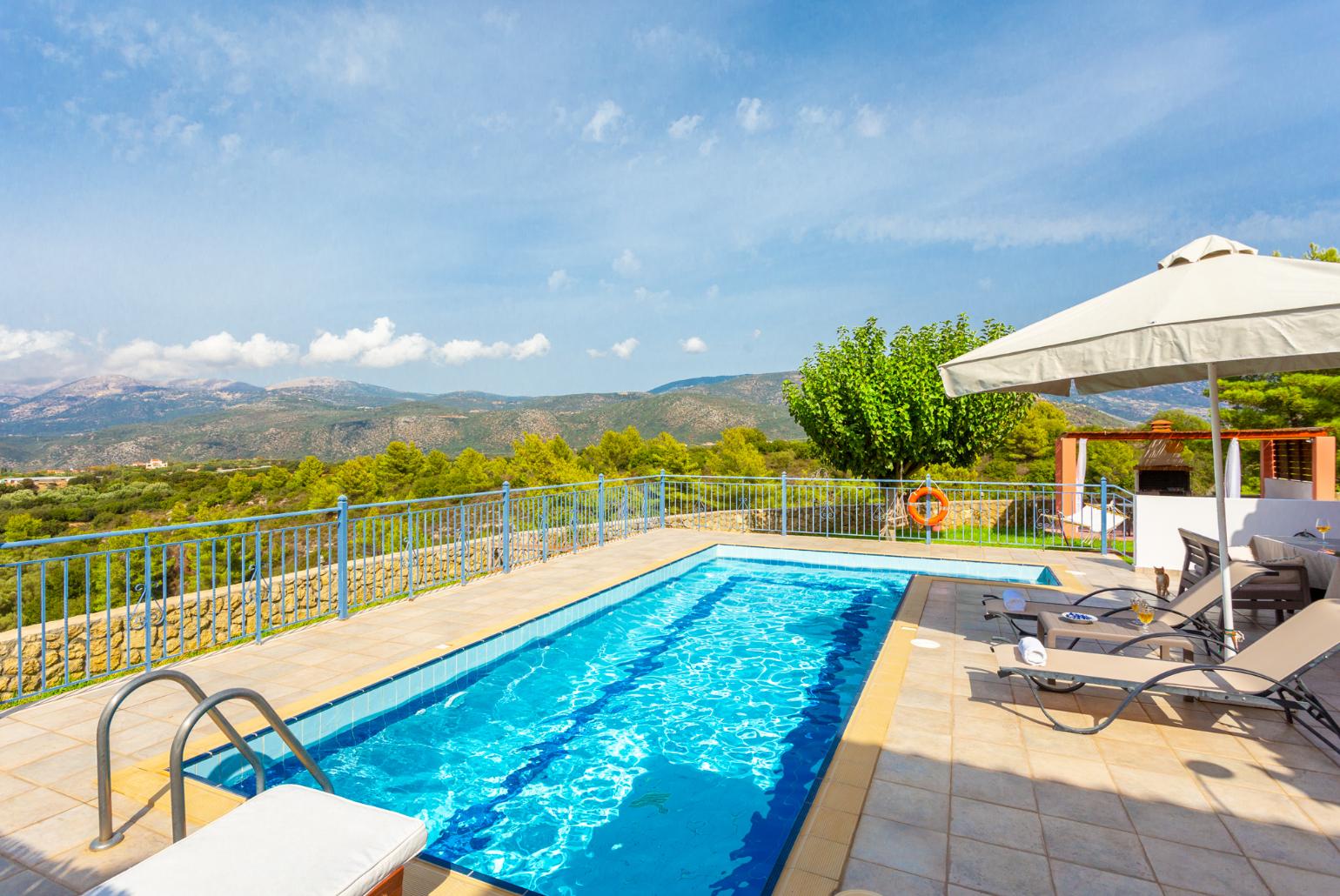 Private pool, terrace, and garden with panoramic countryside views