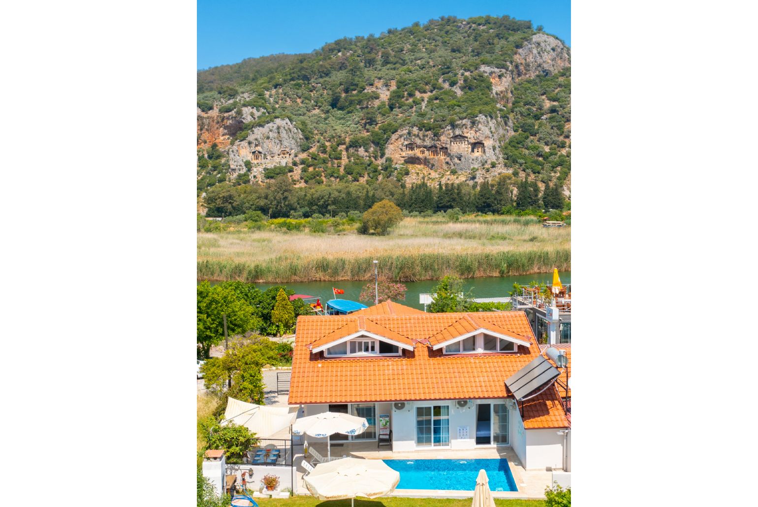 Aerial view of Villa Zonkdemir showing view of Dalyan river and the ancient Lycian rock tombs