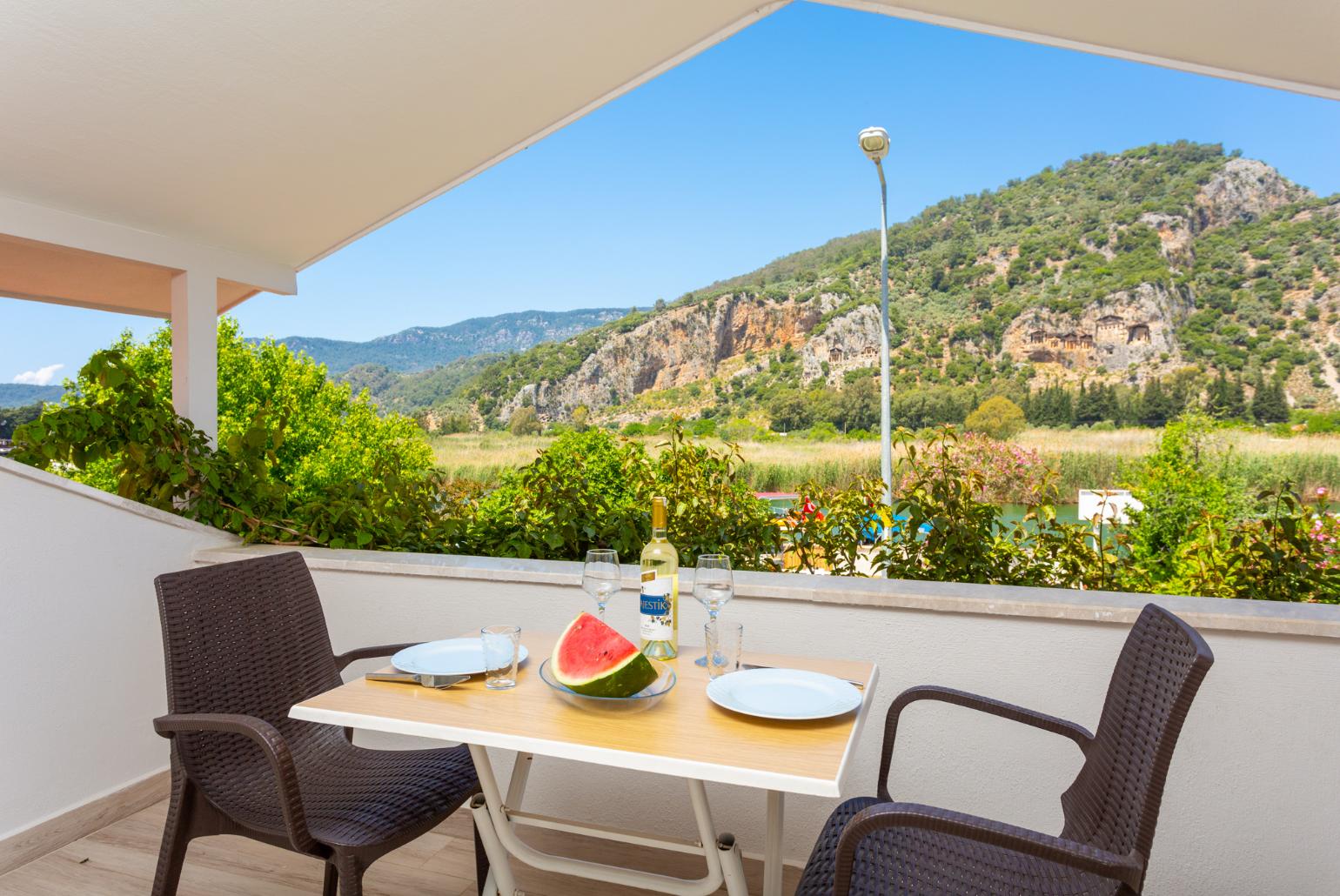 Upper sheltered terrace with views of Dalyan river and the ancient Lycian rock tombs