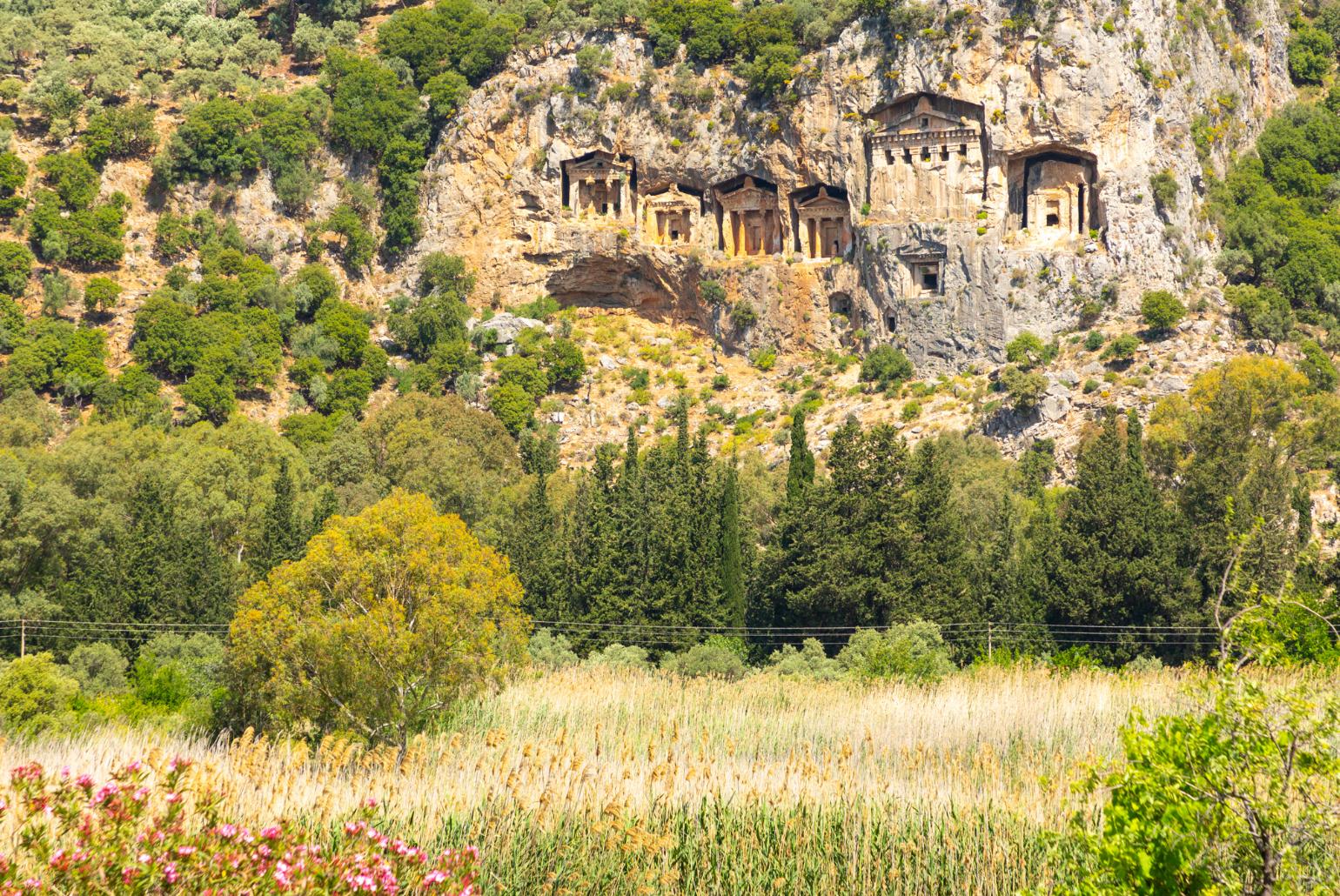 View of the ancient Lycian rock tombs from upper terrace