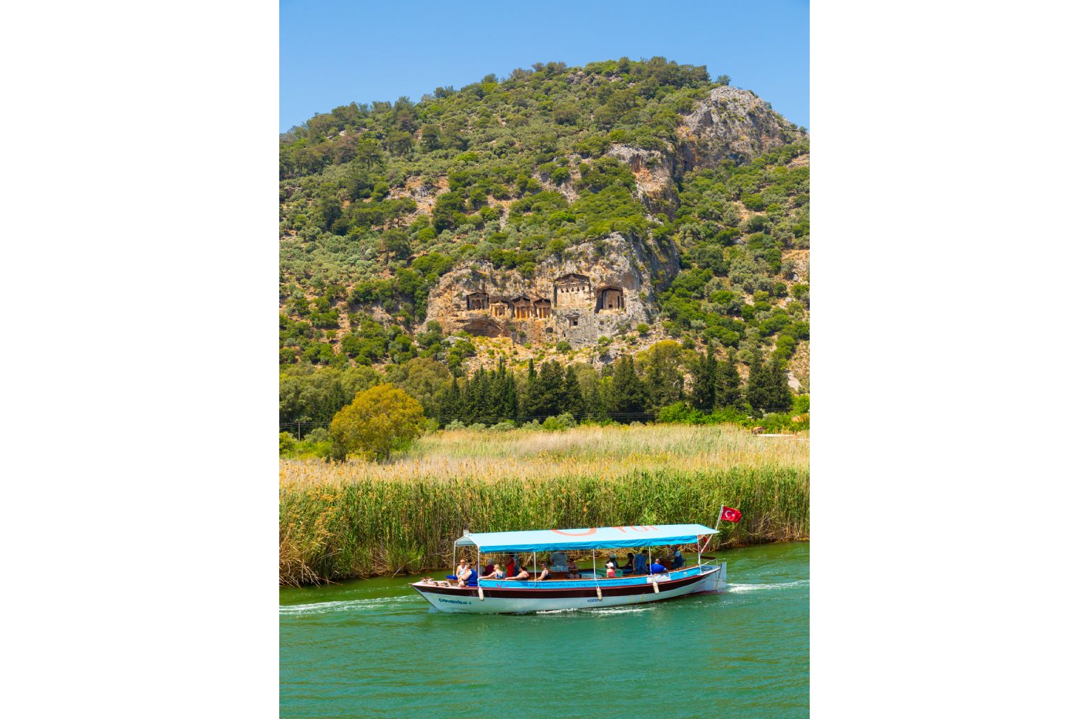 View of Dalyan river and ancient Lycian rock tombs as seen from opposite Villa Zonkdemir