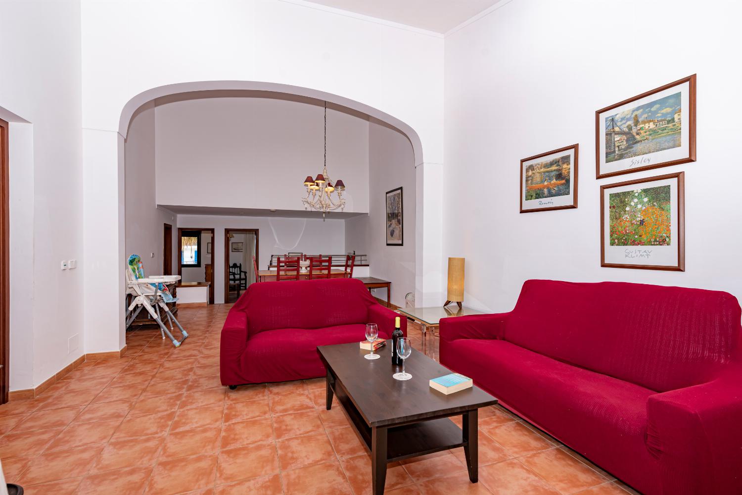Open-plan living room with sofas, dining area, A/C, WiFi internet, satellite TV, DVD player, and terrace access