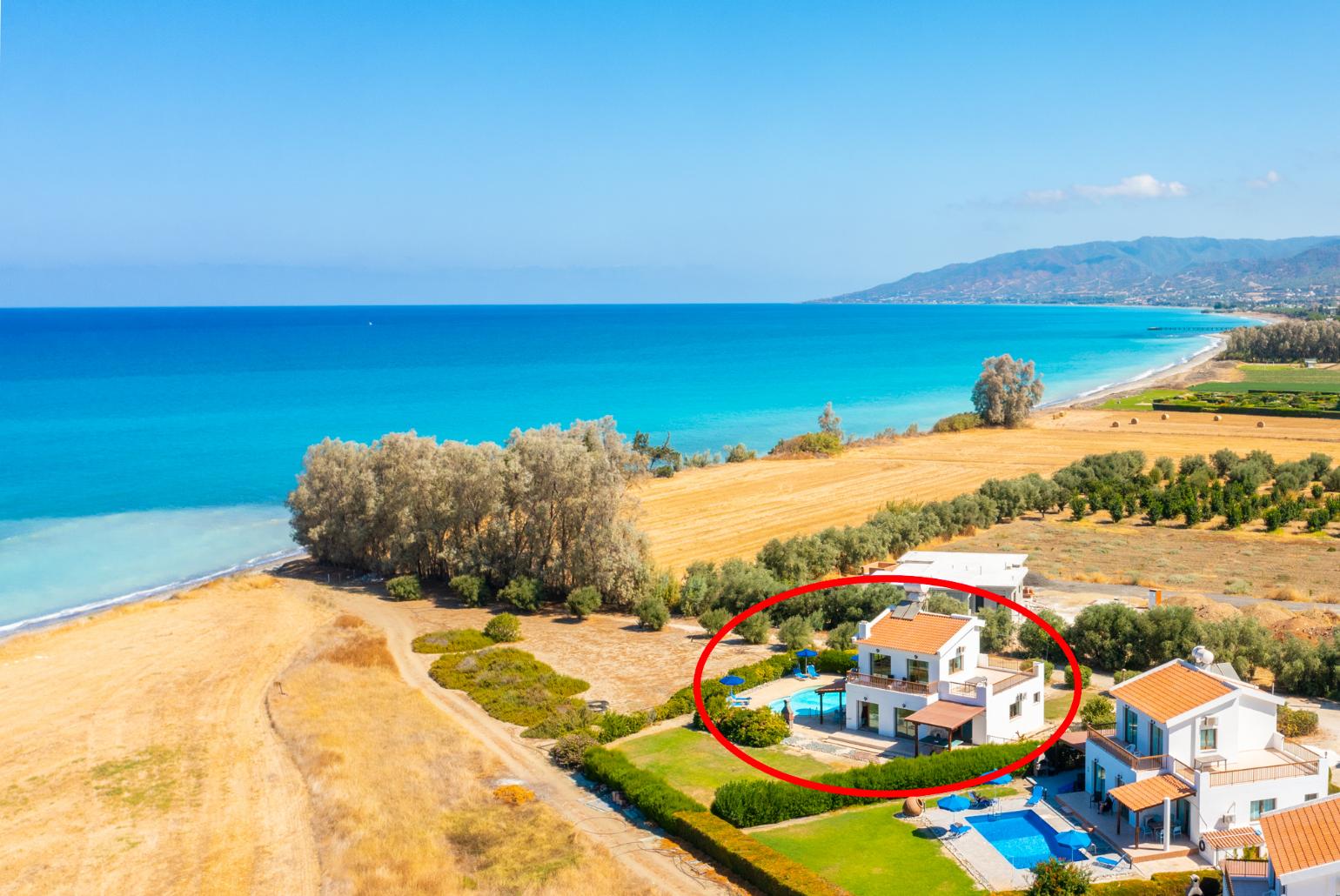 Aerial view showing location of Blue Bay Villa Nicole