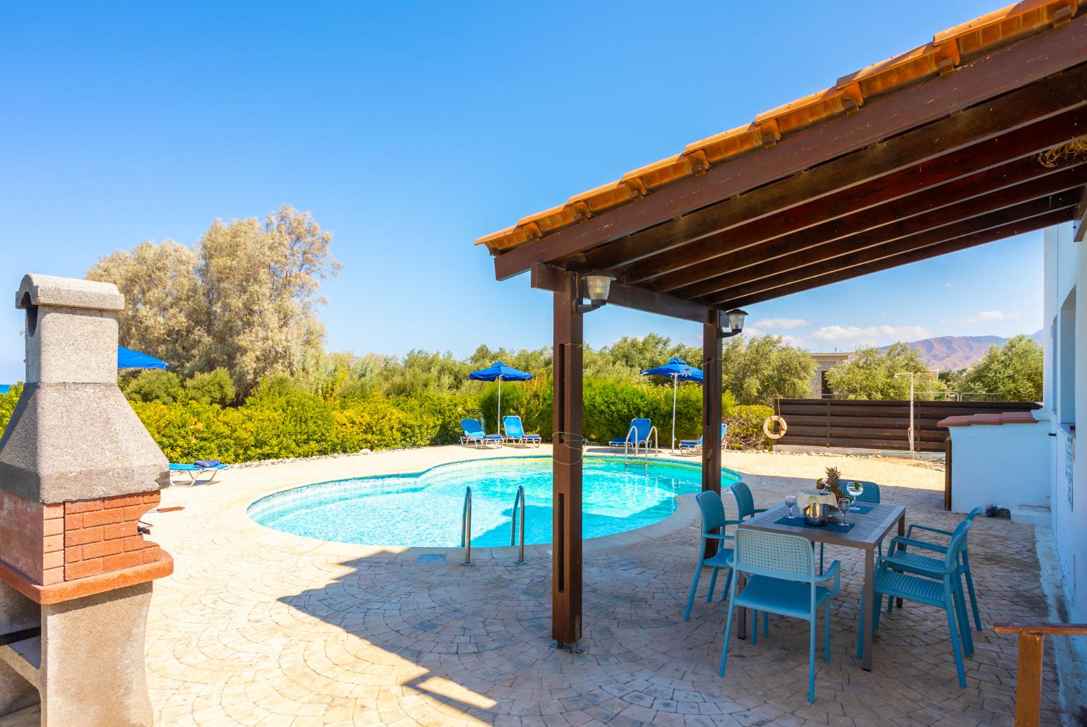 Private pool, terrace, and garden with sea views