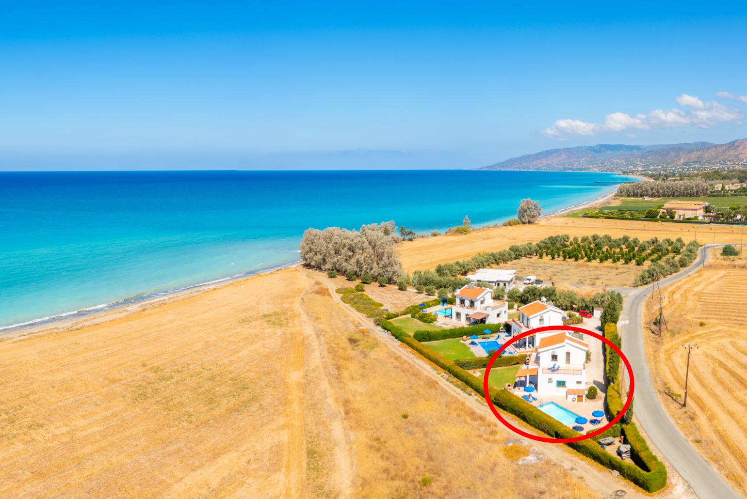 Aerial view showing location of Blue Bay Villa Thea