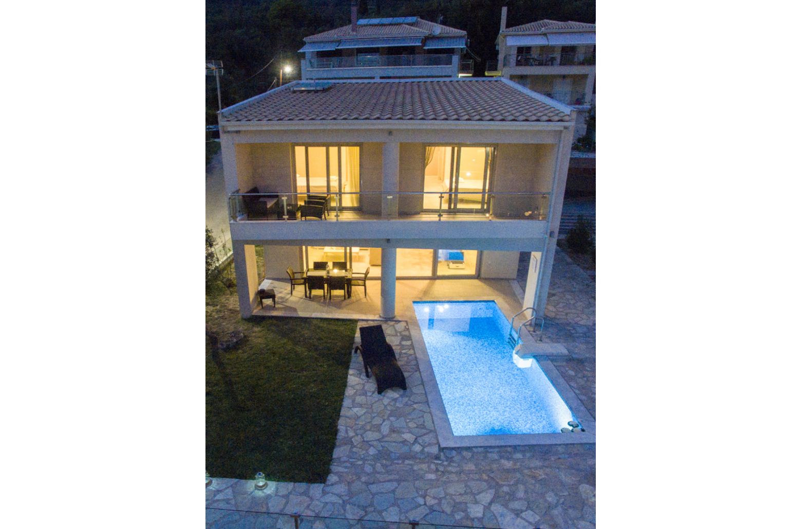 Aerial view of Villa Argo at night