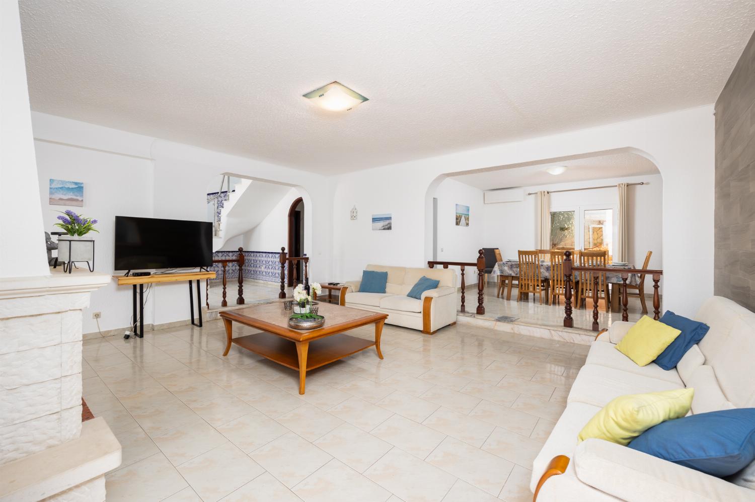 Living room with sofas, dining area, ornamental fireplace, A/C, WiFi internet, and satellite TV