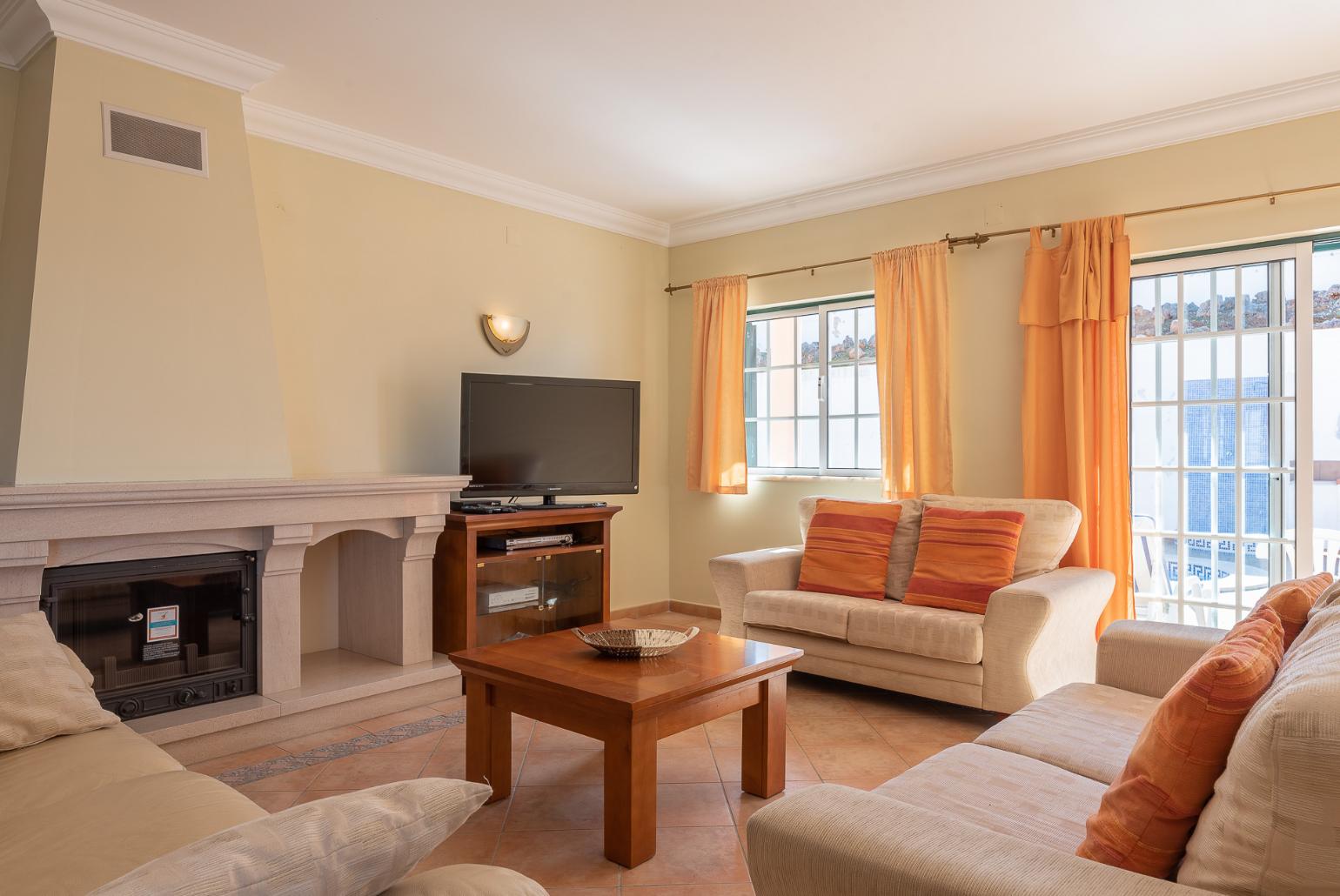 Living room with comfortable sofa, TV and ornamental fire place