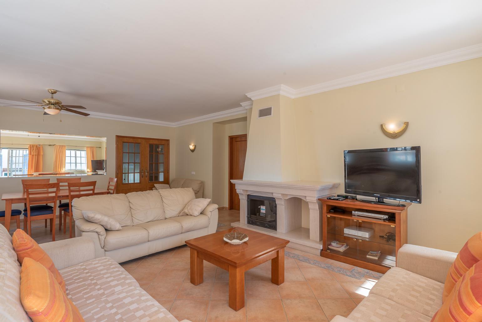Living room with comfortable sofa, TV and ornamental fire place